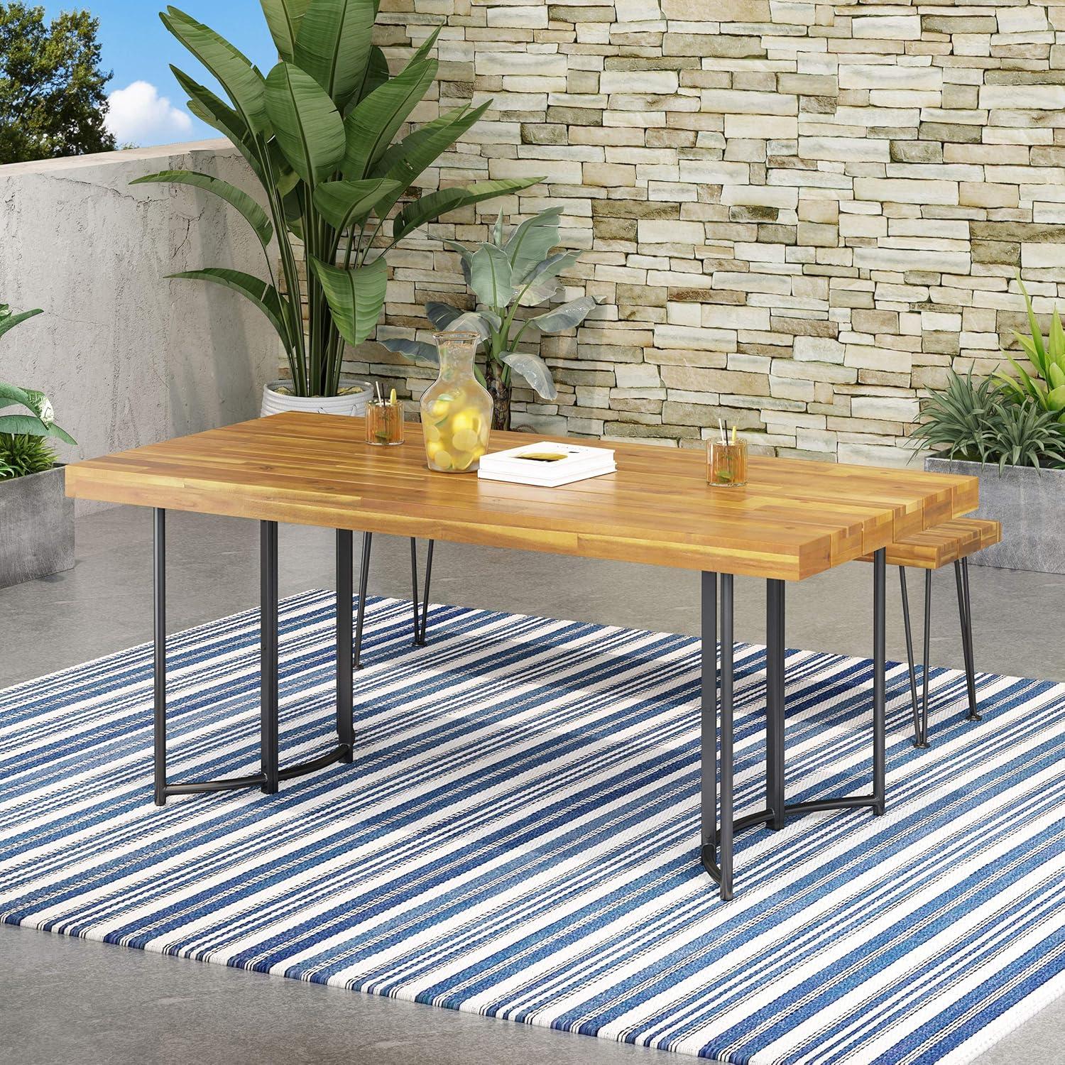 Teak and Black Acacia Wood Outdoor Dining Table with Metal Legs