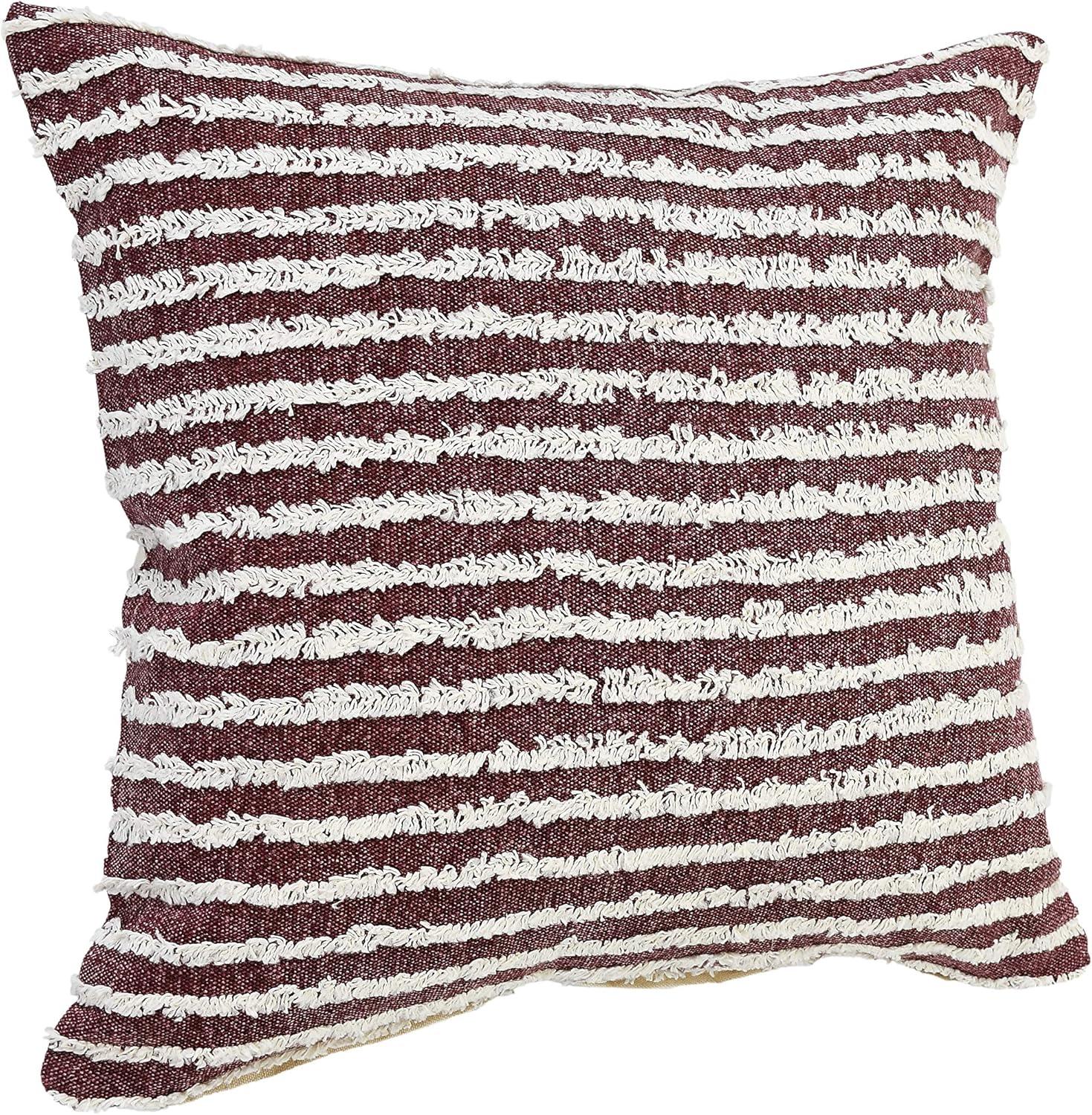 Merlot Red and Ivory Striped Cotton Square Pillow