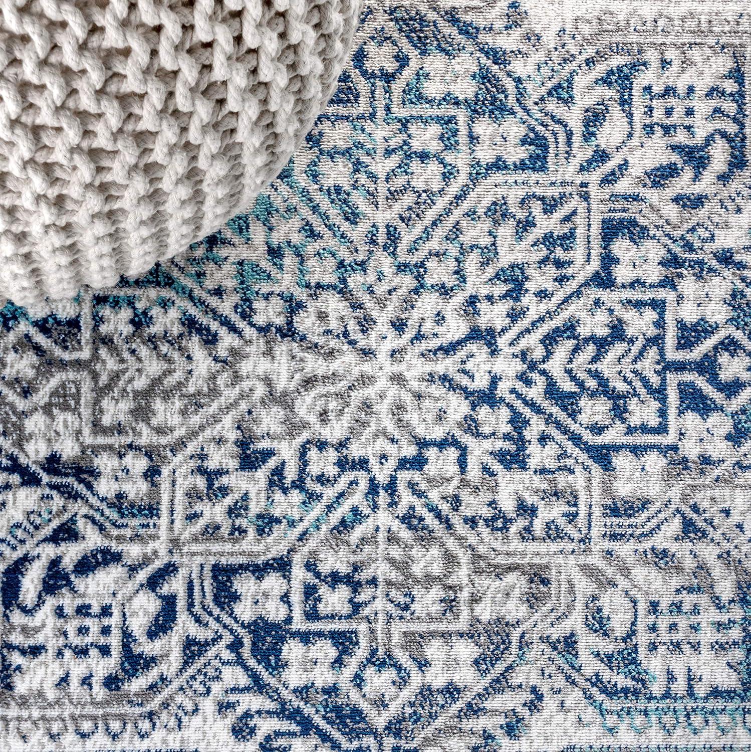 6' round Modern Vintage Medallion Area Rug, Navy /Light Grey - JONATHAN Y