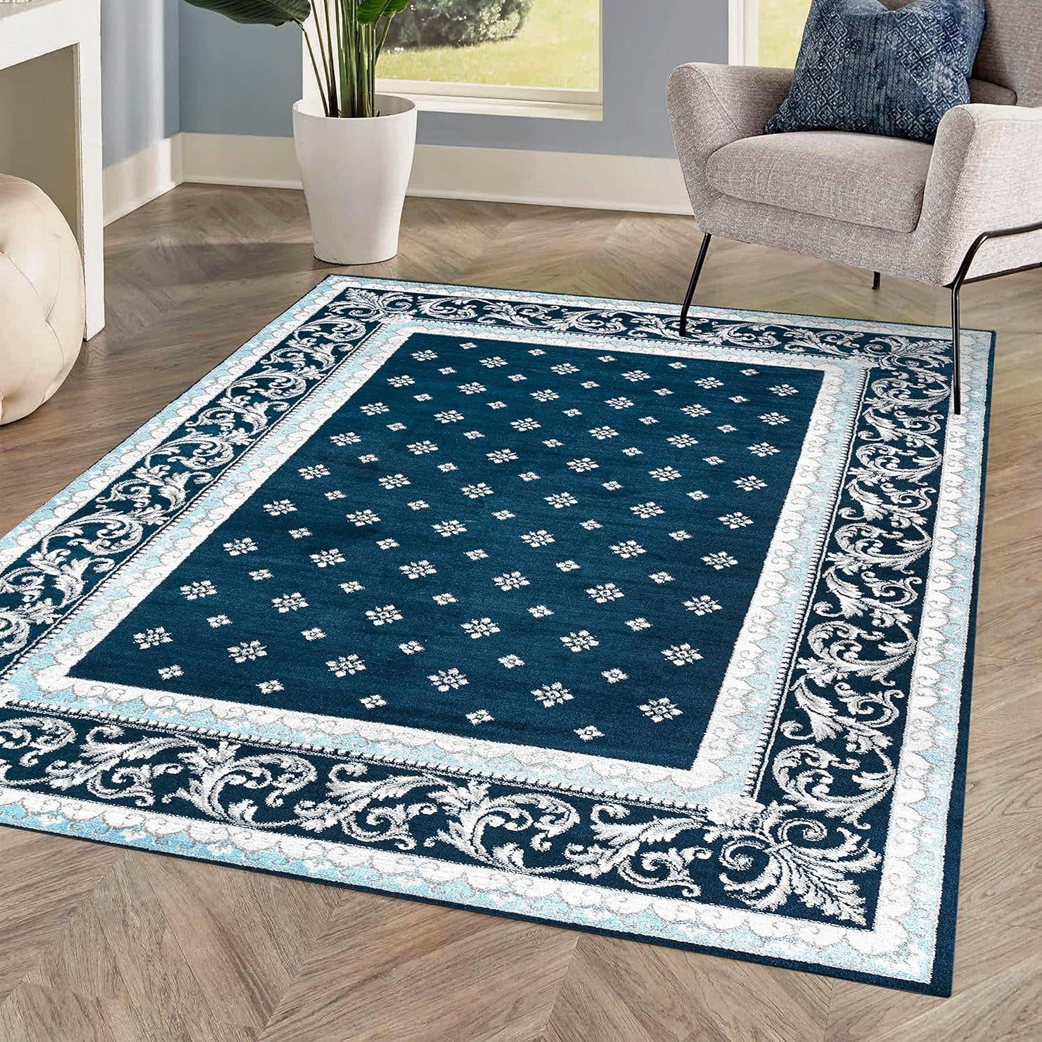 Acanthus Medallion French Border Navy/Blue Synthetic Area Rug 3x5