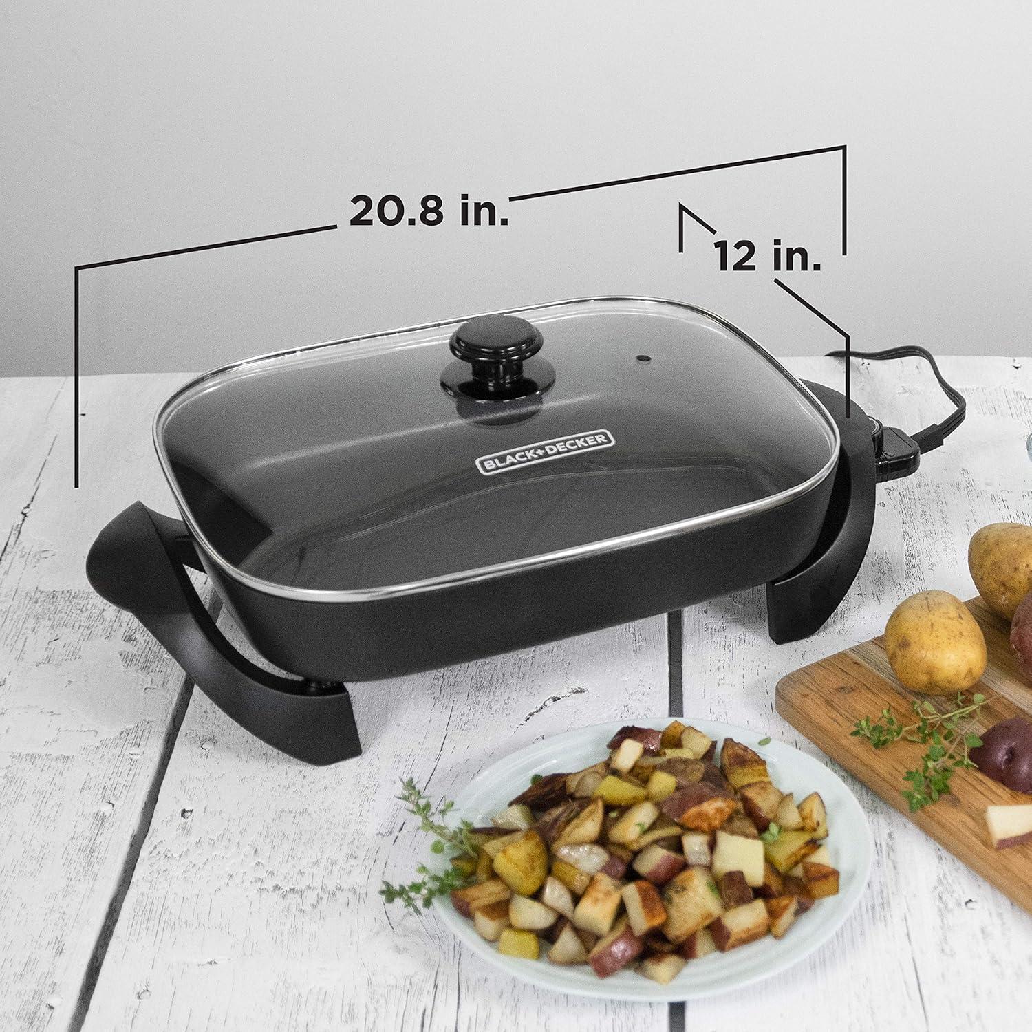 Black and Silver 12" x 15" Nonstick Electric Skillet with Tempered Glass Lid