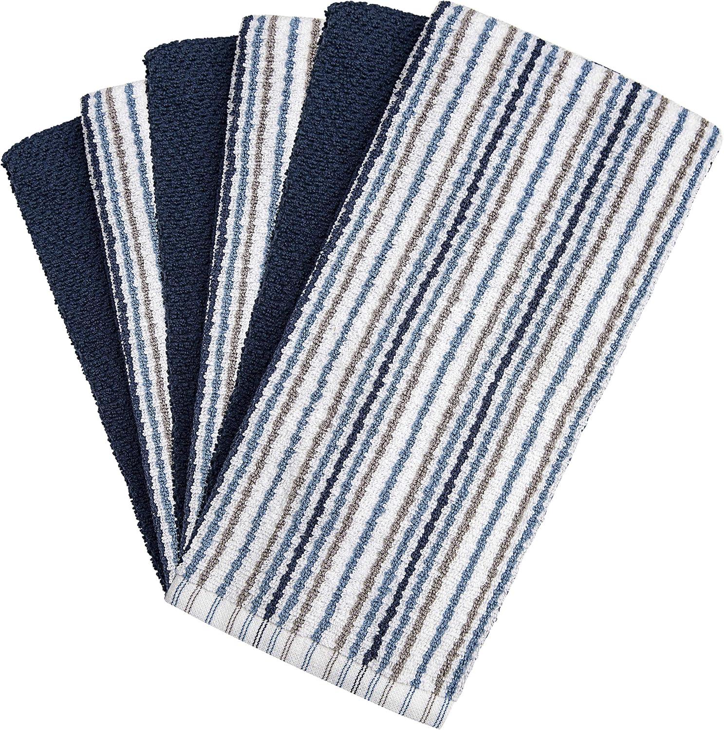 Premium Kitchen Towels (16?x 26?, 6 Pack) - Large Cotton Kitchen Hand Towels -Popcorn Stripe Design - 400 GSM Highly Absorbent Tea Towels Set with Hanging Loop - Blue