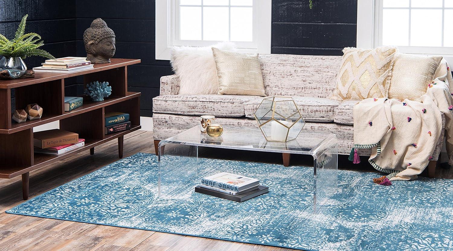 Blue and White Synthetic Low Pile Bohemian Area Rug