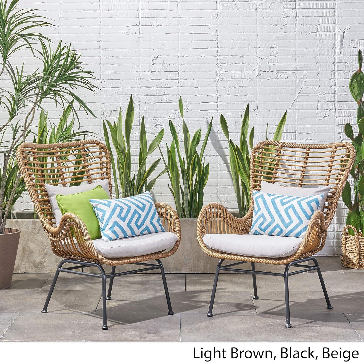 Light Brown and Beige Outdoor Wicker Club Chairs with Cushions, Set of 2