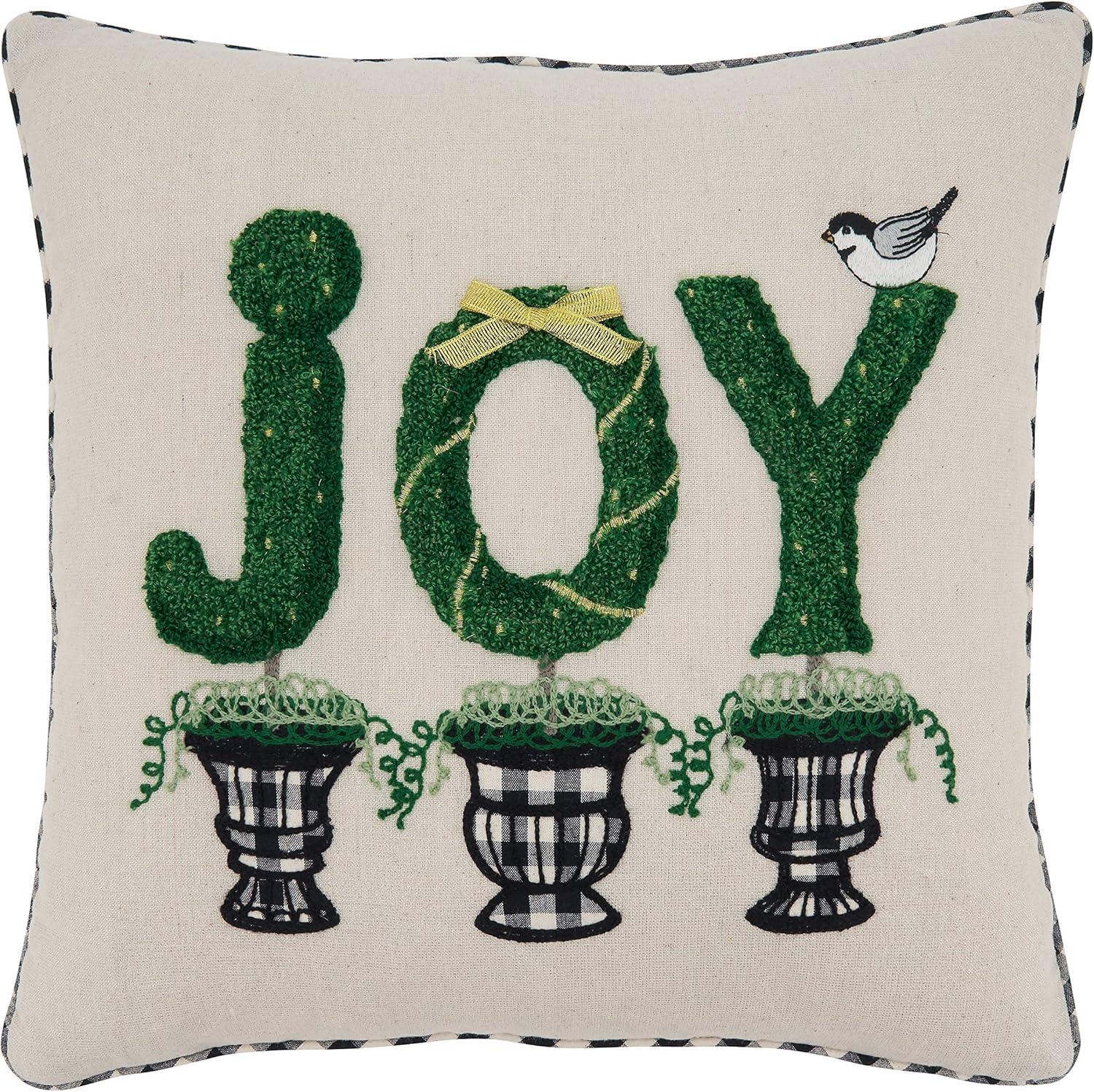 Beige Square Topiary Joy Design Throw Pillow, 18"