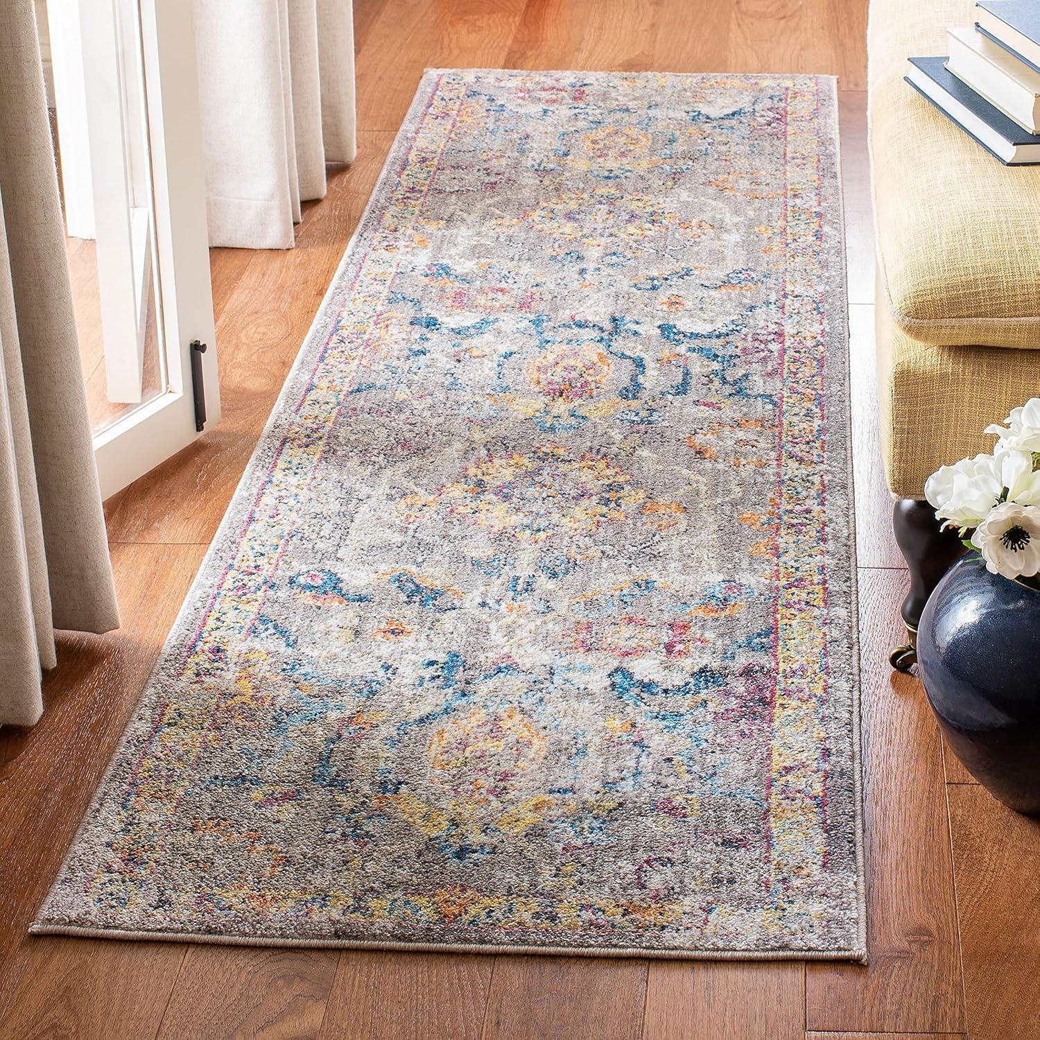 Grey and Blue Synthetic Hand-Knotted Runner Rug