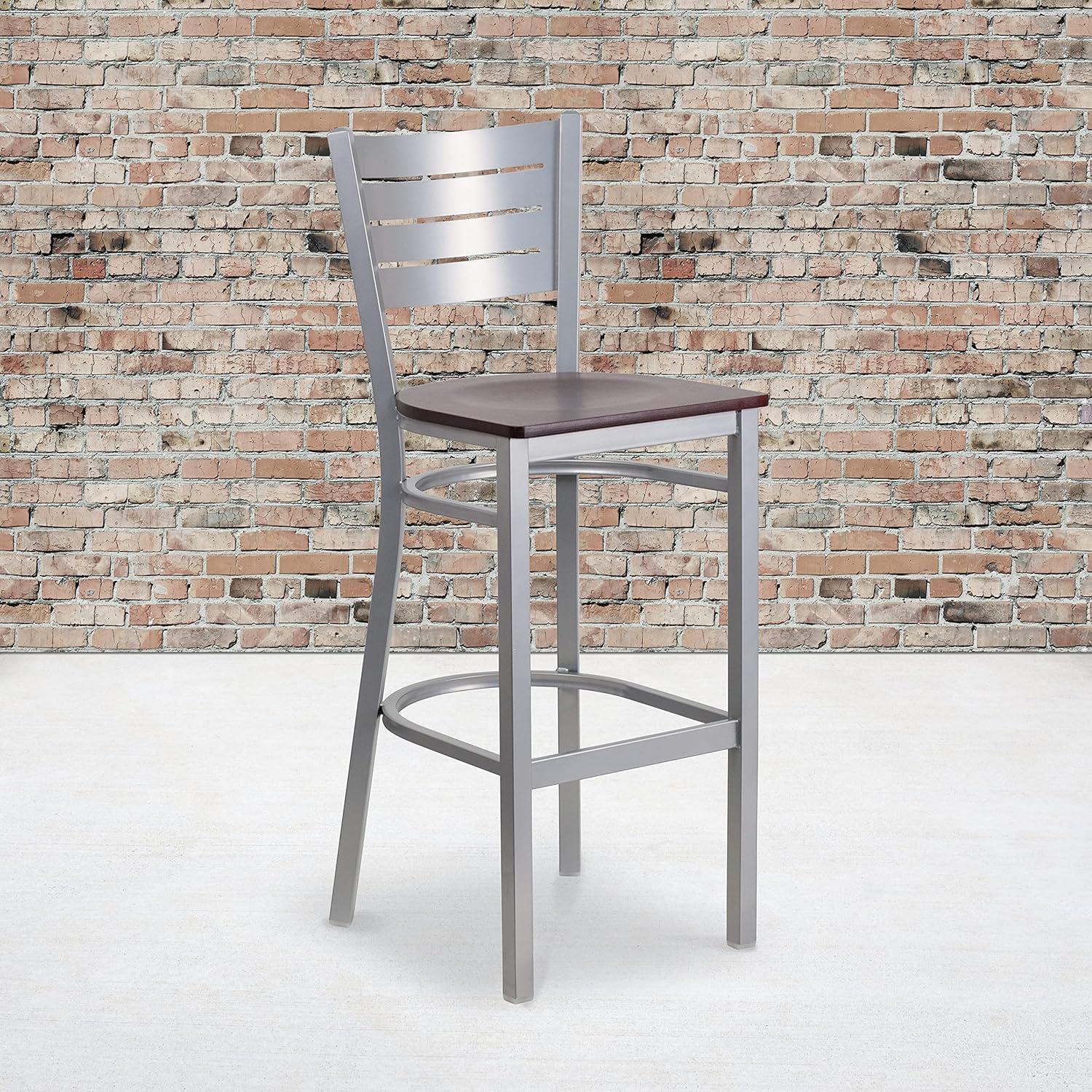 Sleek Silver Metal and Mahogany Wood Slat Back Barstool