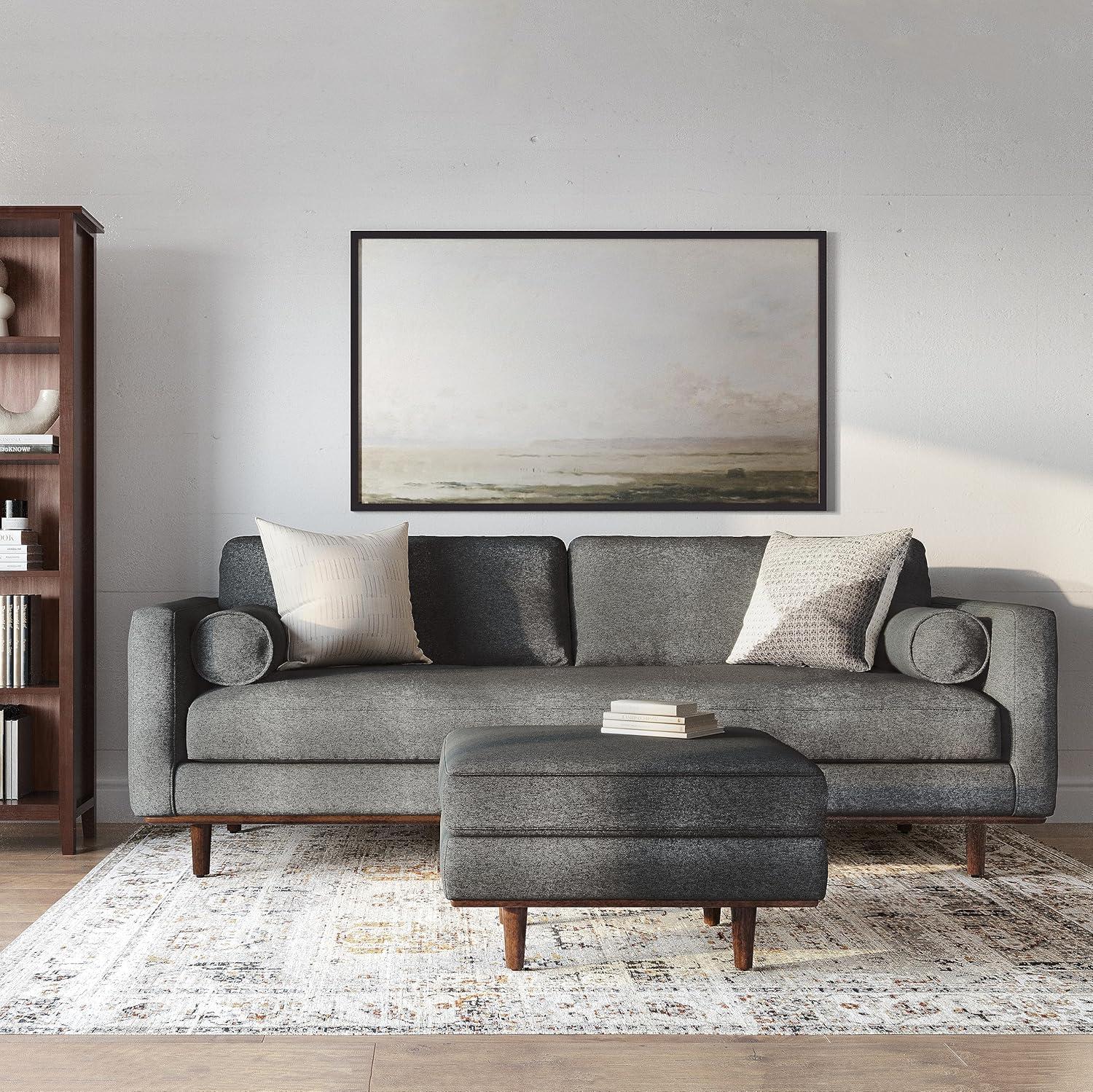 Simpli Home Morrison Mid-Century Modern Couch for Living Room, Eco-Friendly Woven-Blend Fabric with Removable Cushions