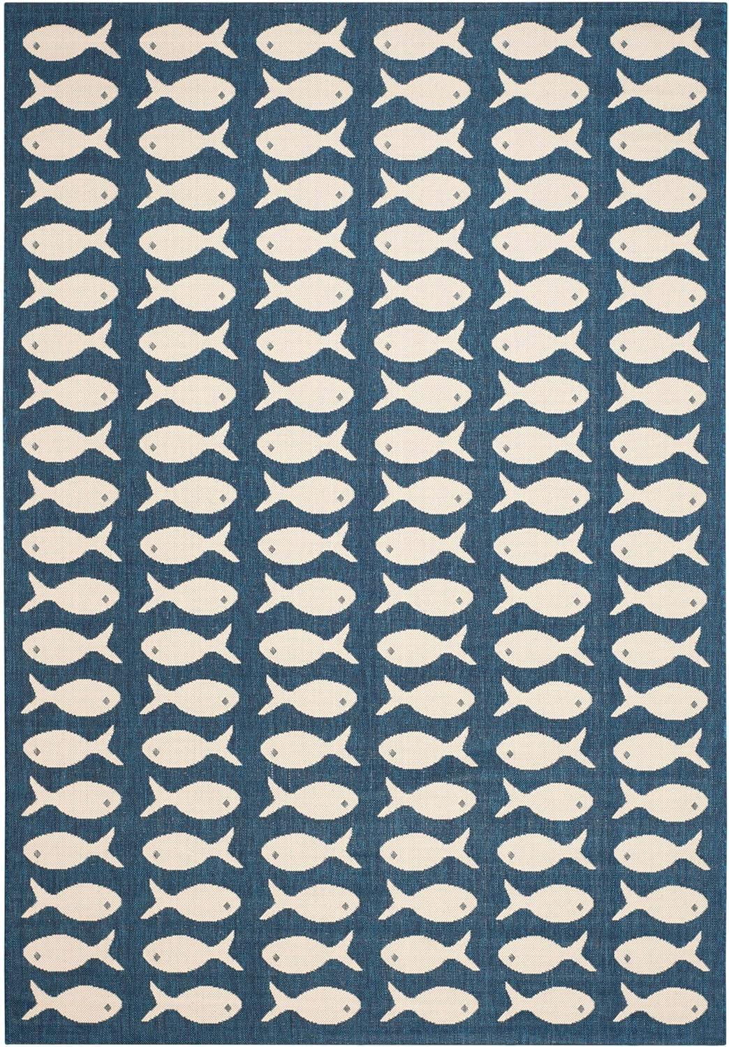 SAFAVIEH Courtyard Tranter Geometric Fish Indoor/Outdoor Area Rug, 5'3" x 7'7", Navy/Beige