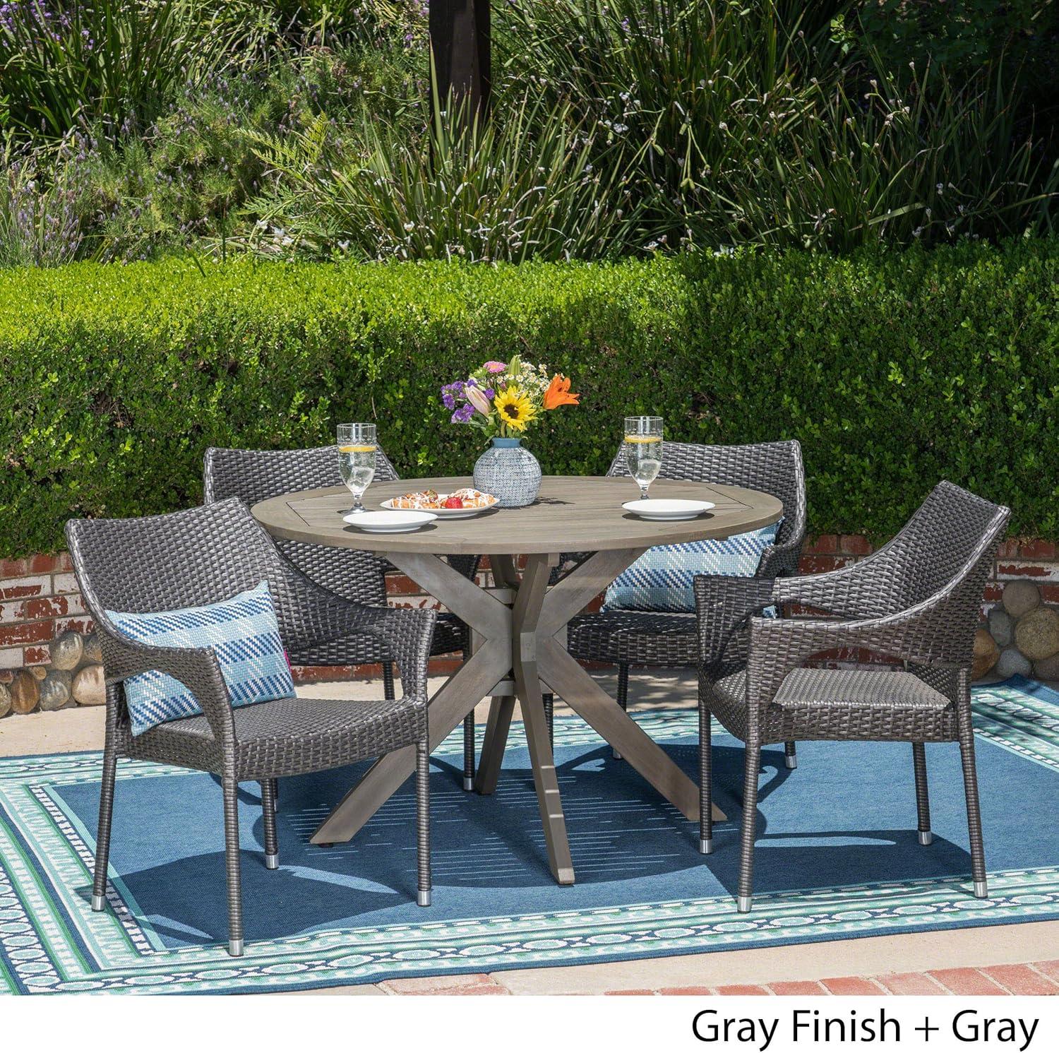 Gray 5-Piece Acacia Wood and Wicker Outdoor Dining Set