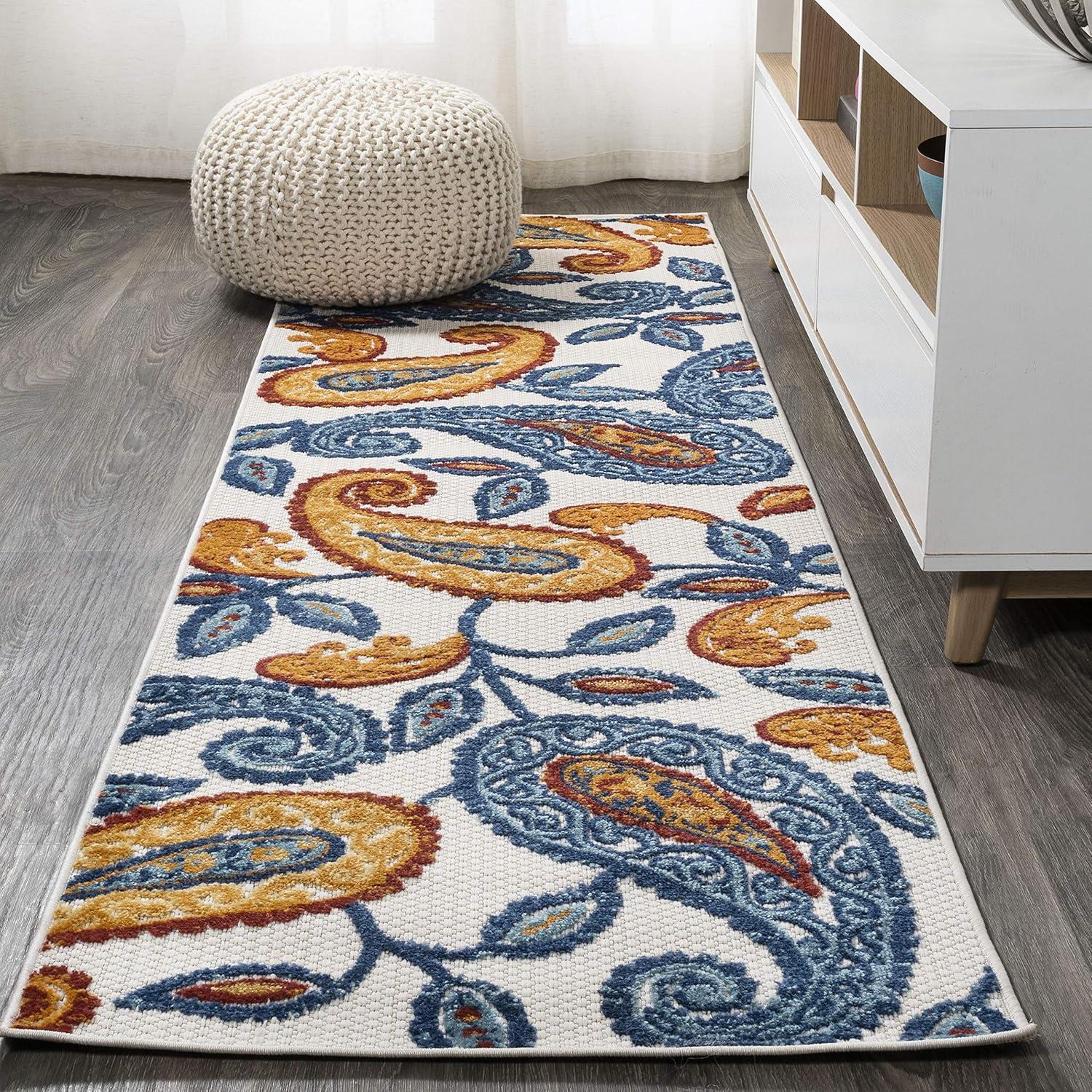 2'x8' Julien Paisley High-Low Indoor/Outdoor Area Rug, Orange/Blue - JONATHAN Y