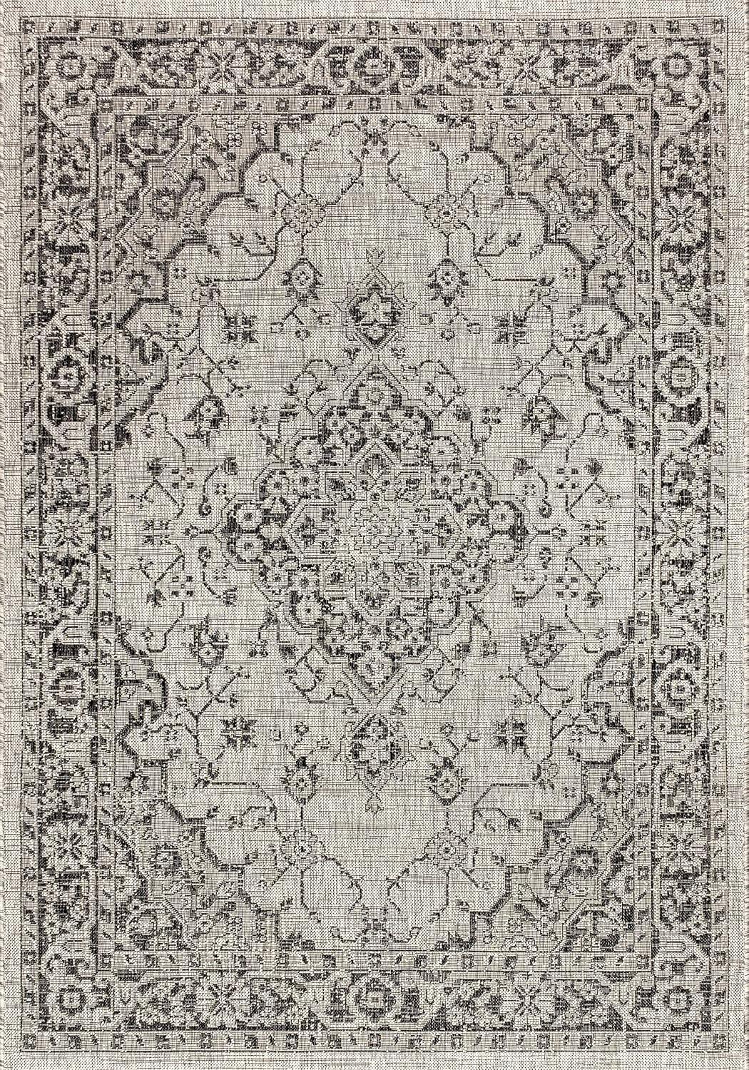 4'x6' Rozetta Boho Medallion Textured Weave Indoor/Outdoor Area Rug, Gray/Black - JONATHAN Y