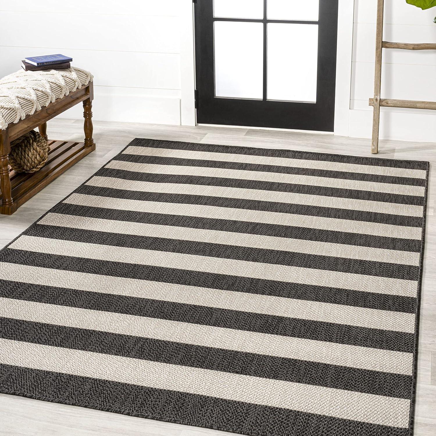 3' x 5' Negril Two-Tone Wide Stripe Indoor/Outdoor Area Rug, Black/Beige - JONATHAN Y