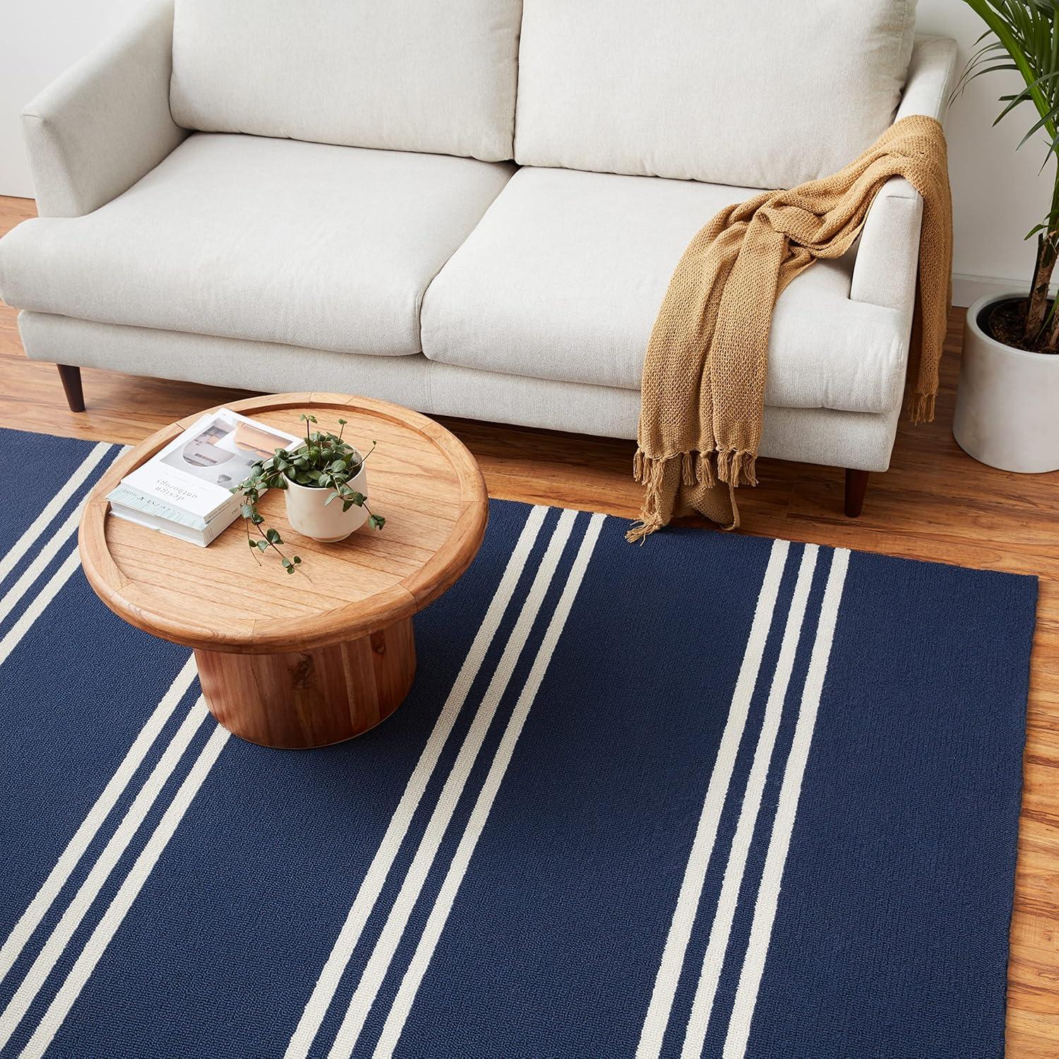 Momeni  Veranda Hand Hooked Contemporary Striped Indoor Outdoor Rug Maritime Blue 5' x 8' Latex Free Polypropylene Stripe, Solid 0.25 - 0.5 inch