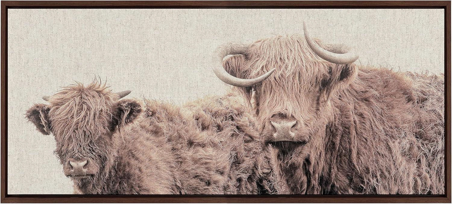 Kate and Laurel Sylvie Two Highland Cow Best Friends Color Neutral Linen Bright Framed Canvas Wall Art by The Creative Bunch Studio, 18x40 Brown, Wide Farm Animal Portrait Art for Wall