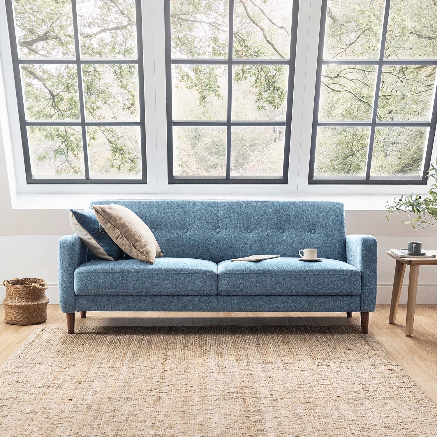 Heather Blue Tufted Linen Fabric Mid-Century Modern Sofa