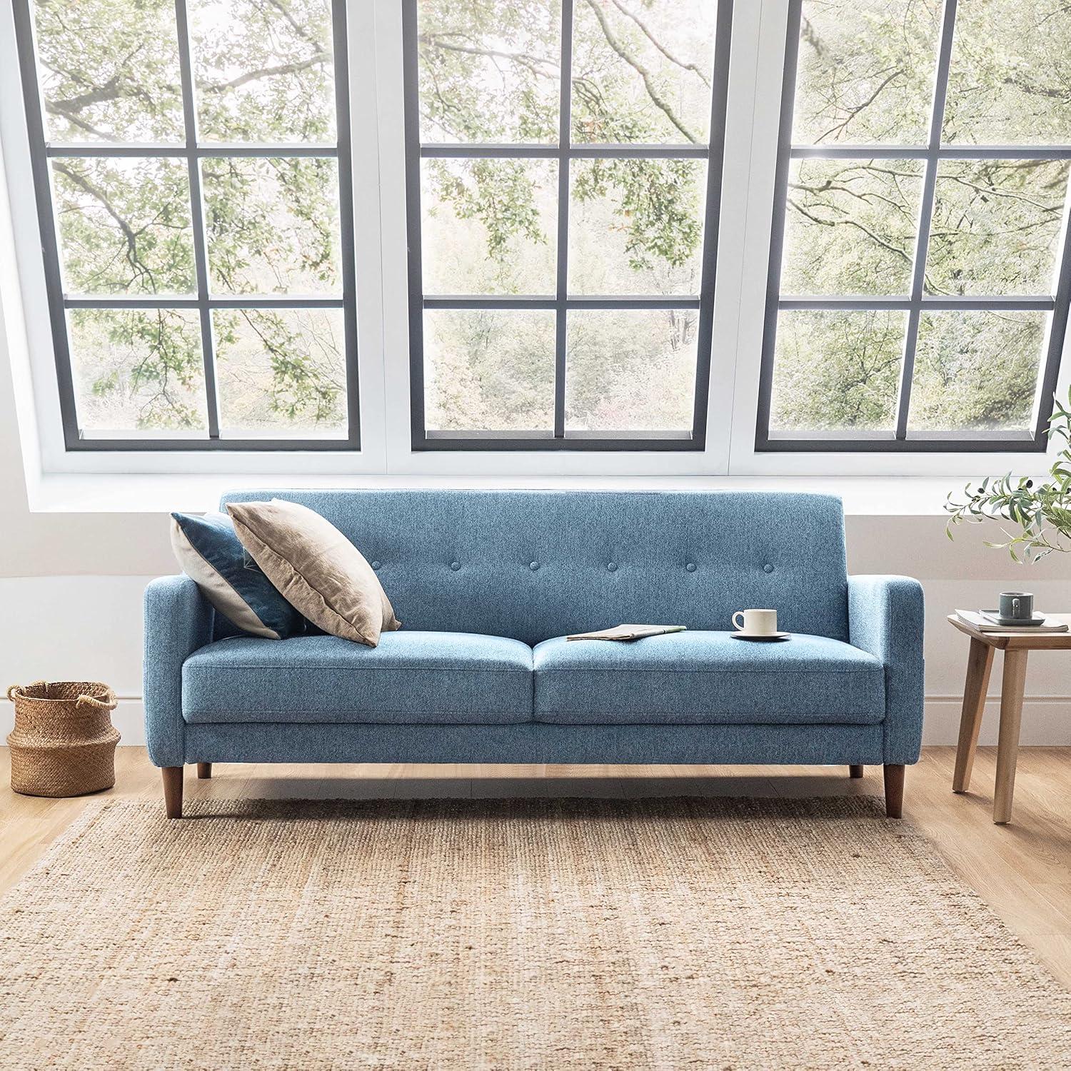 Mellow Adair Mid-Century Modern Sofa Couch with Armrest Pockets, Tufted Linen Fabric, Heather Blue