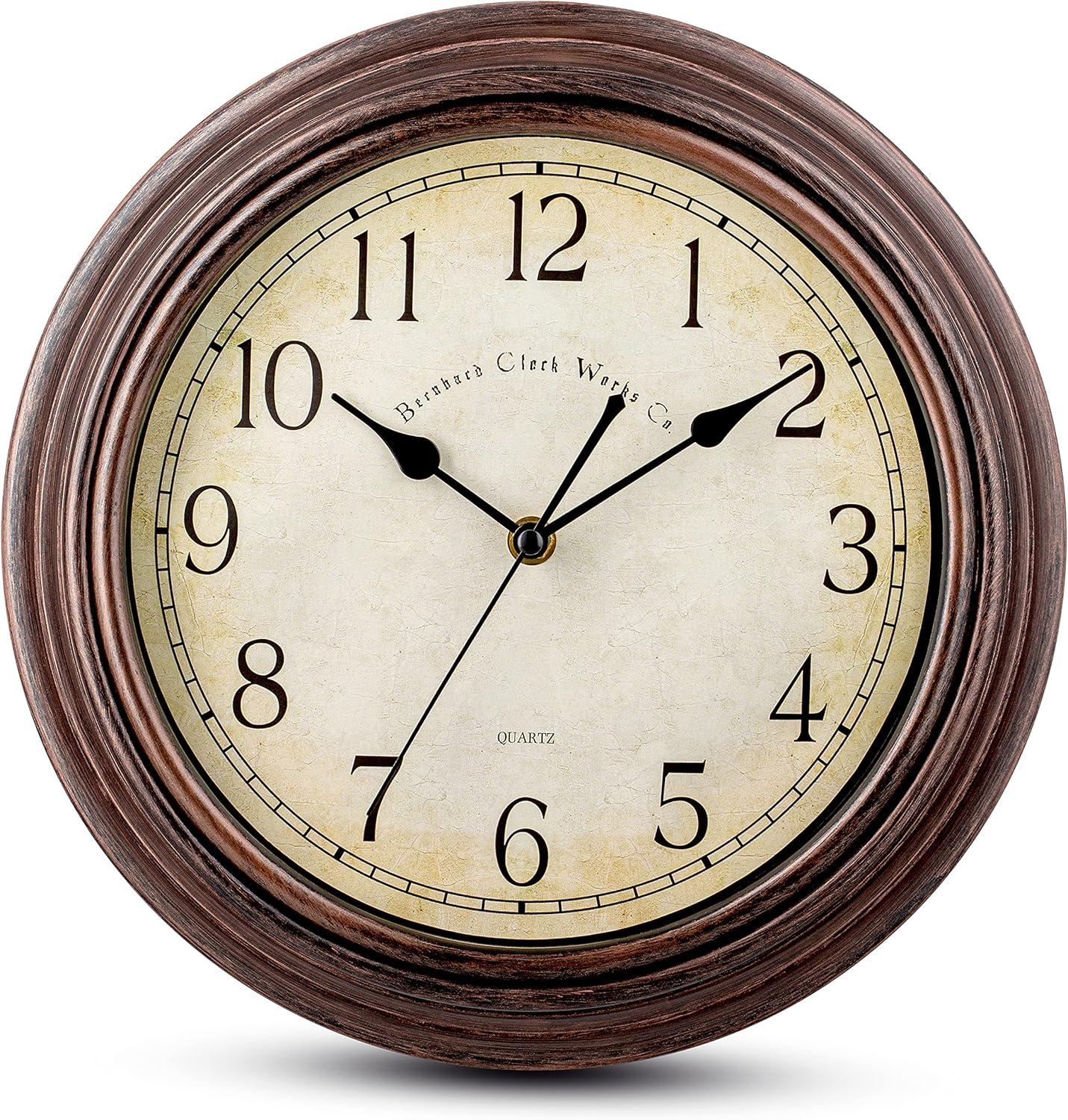Bernhard Products Vintage Wall Clock Silent Non Ticking - 12 Inch Quality Quartz Battery Operated Decorative Brown Clock for Home Kitchen Living/Dining Room Office Decor, Easy to Read, Rustic Bronze