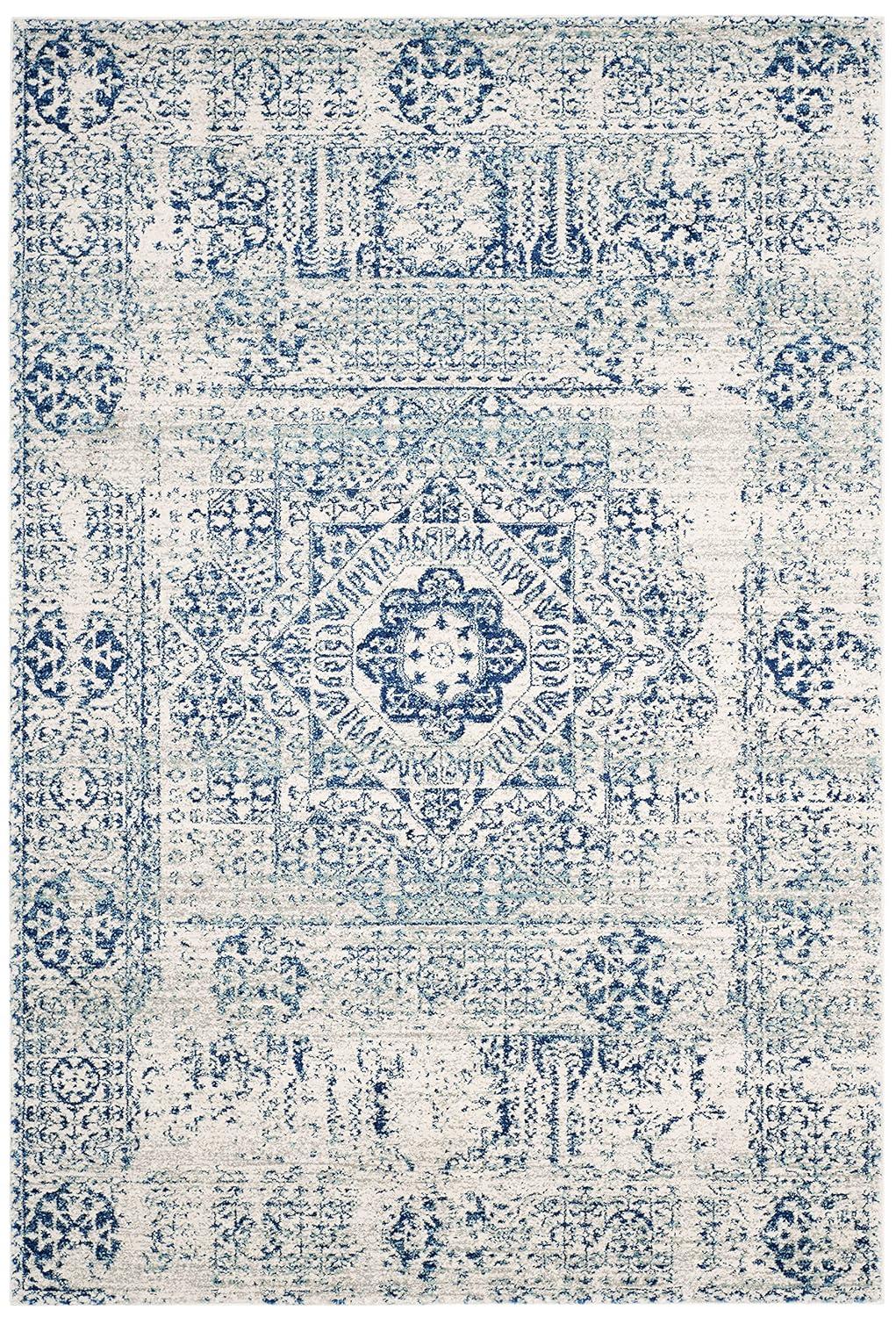 SAFAVIEH Evoke Collection Area Rug - 9' x 12', Ivory & Blue, Oriental Medallion Distressed Design, Non-Shedding & Easy Care, Ideal for High Traffic Areas in Living Room, Bedroom (EVK260C)