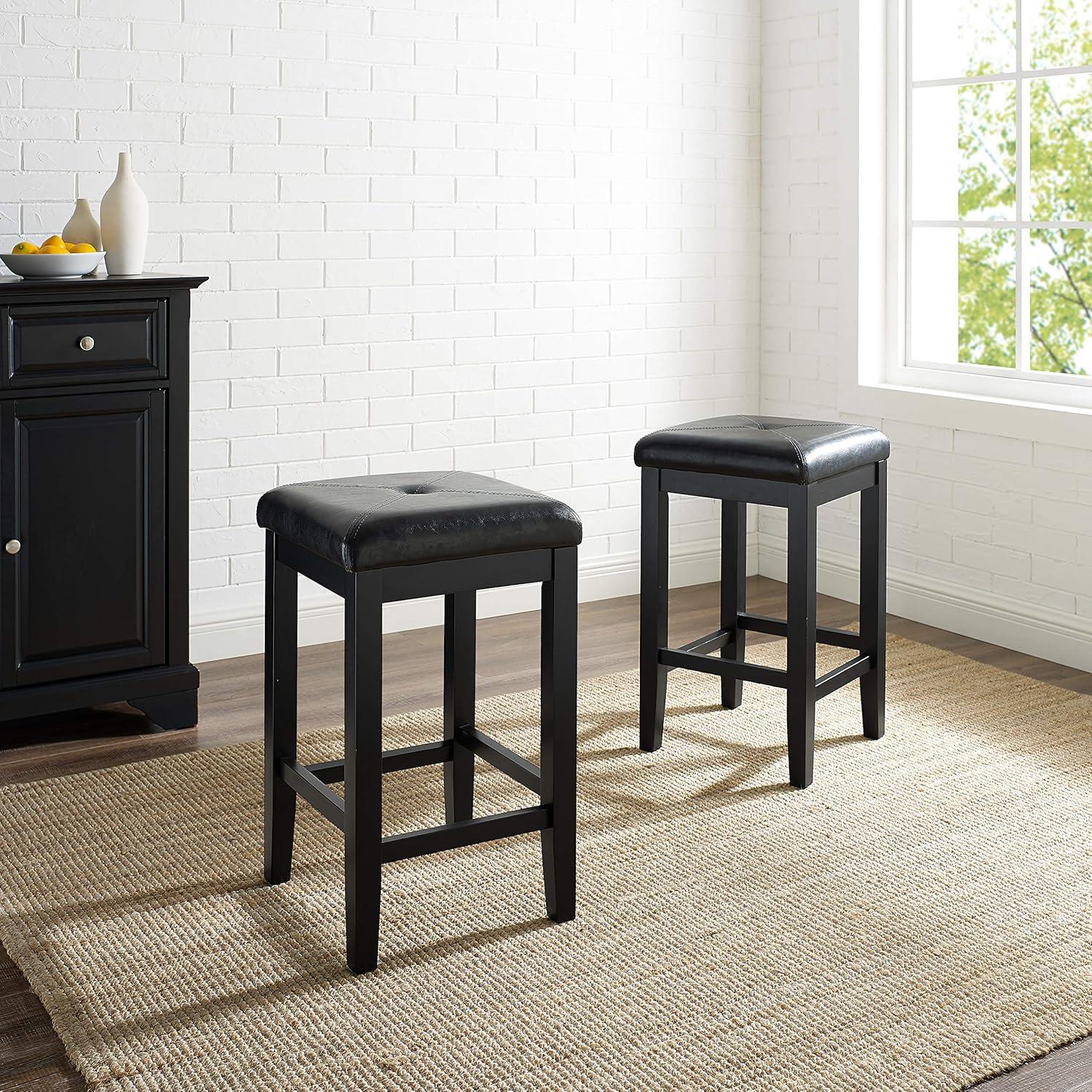 Elegant Backless Black Leather Wood Counter Stool, Set of 2