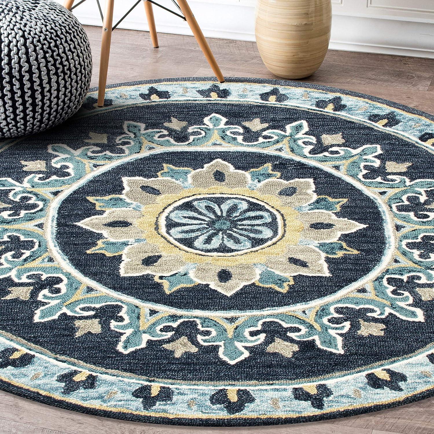 LR Home Wren 5' Round Blue Medallion Indoor Area Rug