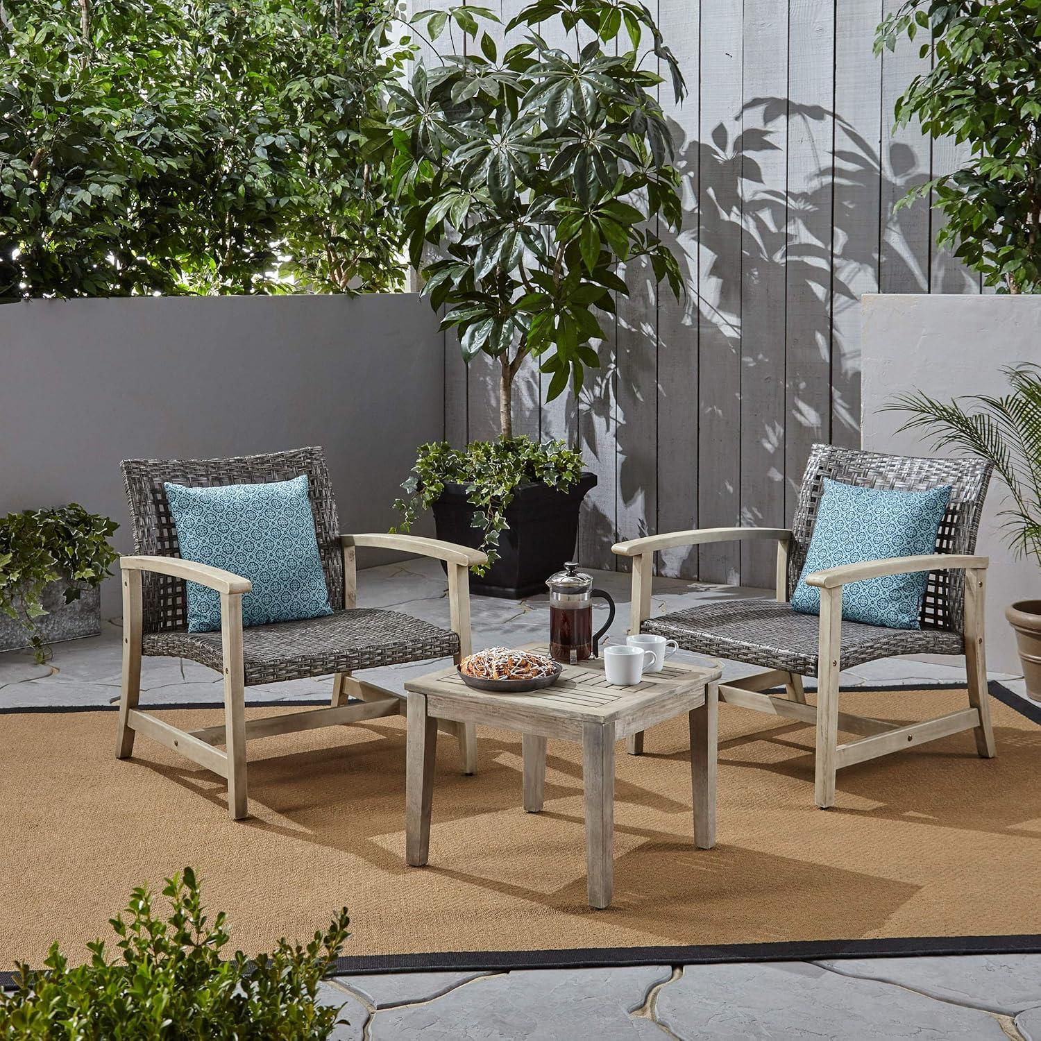 Gray Wicker and Acacia Wood Outdoor 3-Piece Set