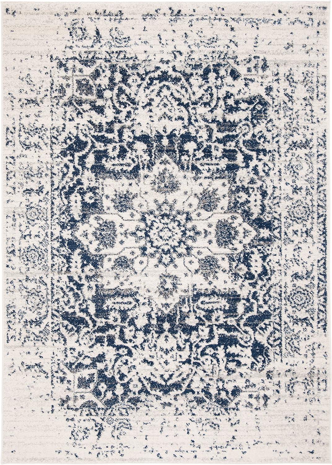 Cream & Navy Rectangular Synthetic Easy-Care Area Rug