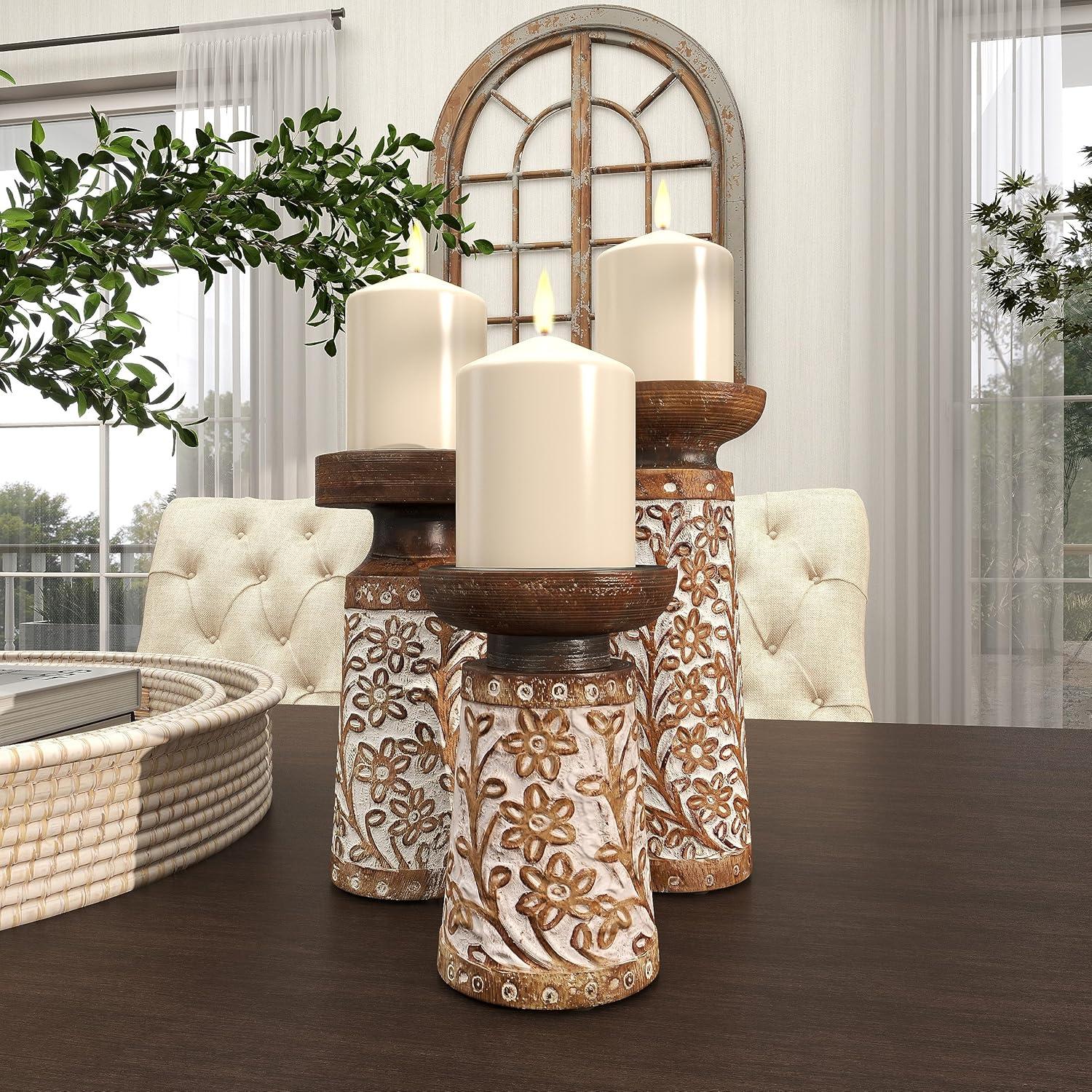 DecMode 3 Candle Brown Mango Wood Handmade Floral Carved Pillar Candle Holder with Cream Accents, Set of 3