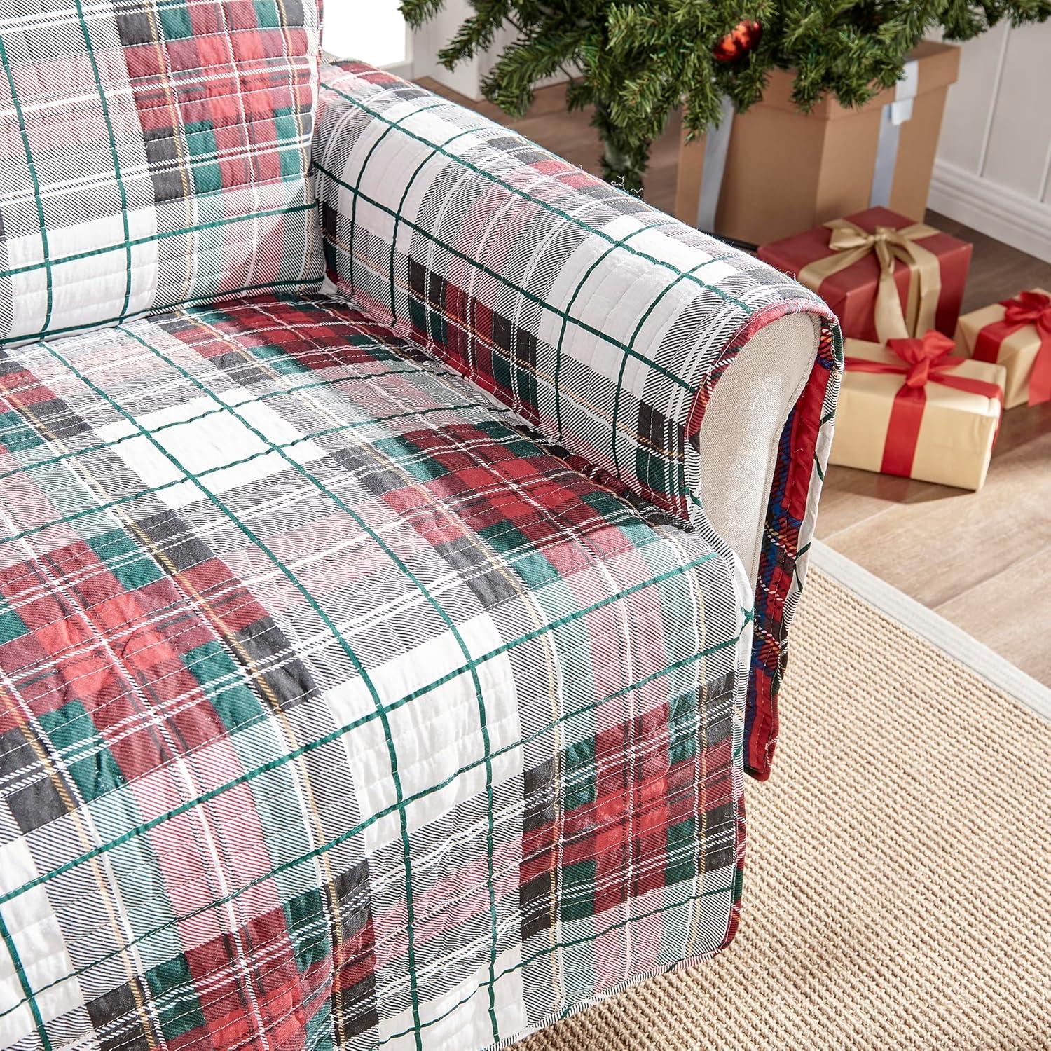 Levtex Home - Spencer Plaid Furniture Cover (Small) - 103in x 76in - Seat Up To 45in Wide- Reversible - Tartan Plaid - Red, Green, White, Blue, Gold - Cotton/Microfiber