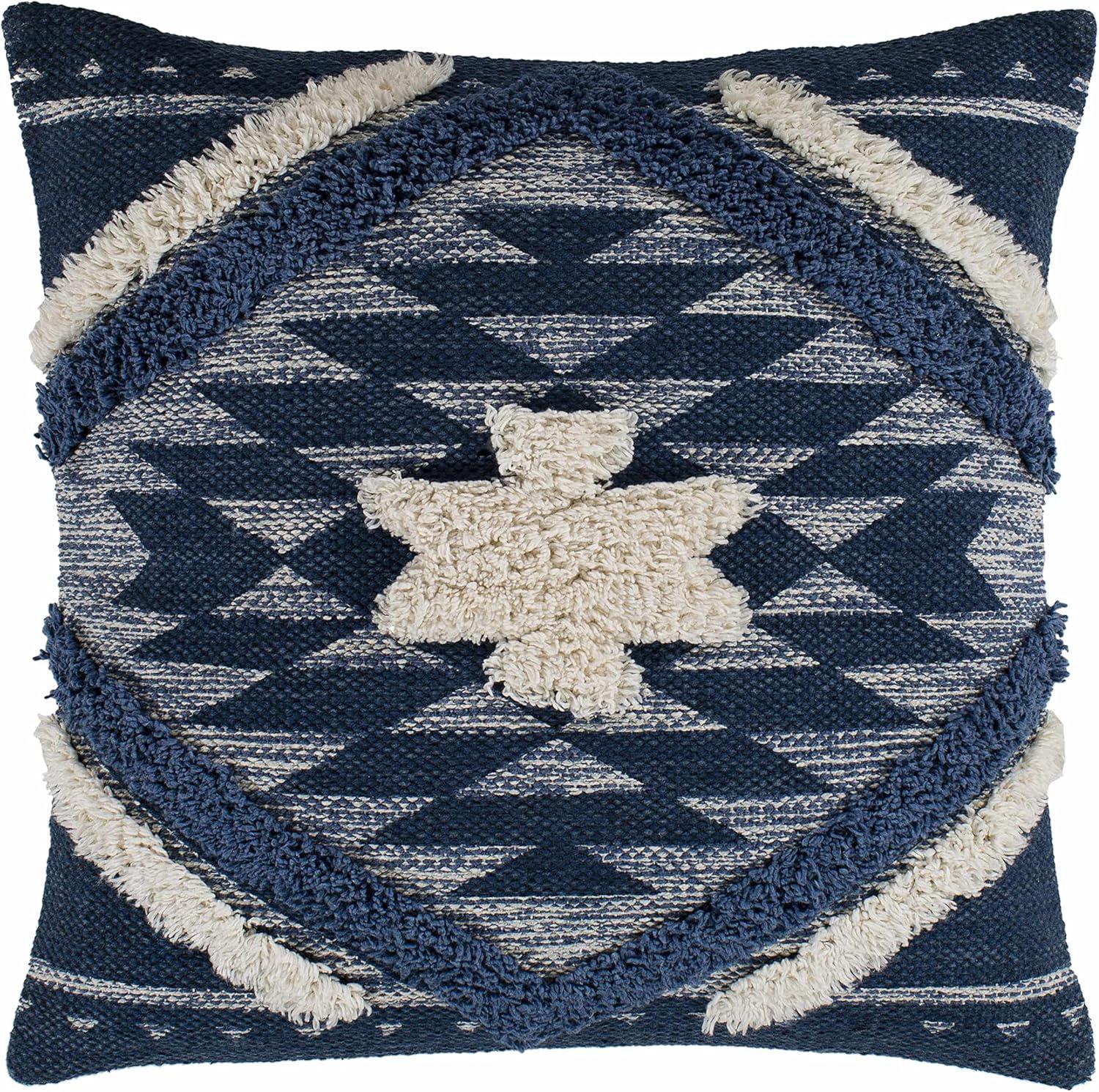 Hauteloom Shepardsville Decorative Throw Pillow Cover - Sofa Couch Cushion Cover - Boho Farmhouse Lumbar Pillow Cover -%100 Cotton - Dark Blue, Off White - Square 20" x 20"