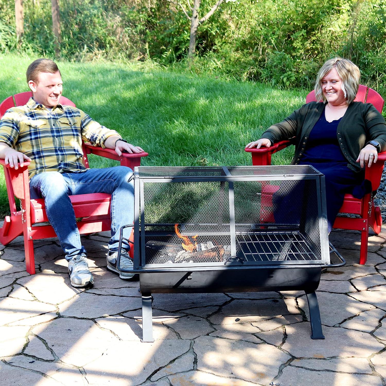 Sunnydaze Outdoor Camping or Backyard Rectangular Northland Fire Pit with Cooking Grill Grate, Spark Screen, Log Poker, and Fire Pit Cover - 36"