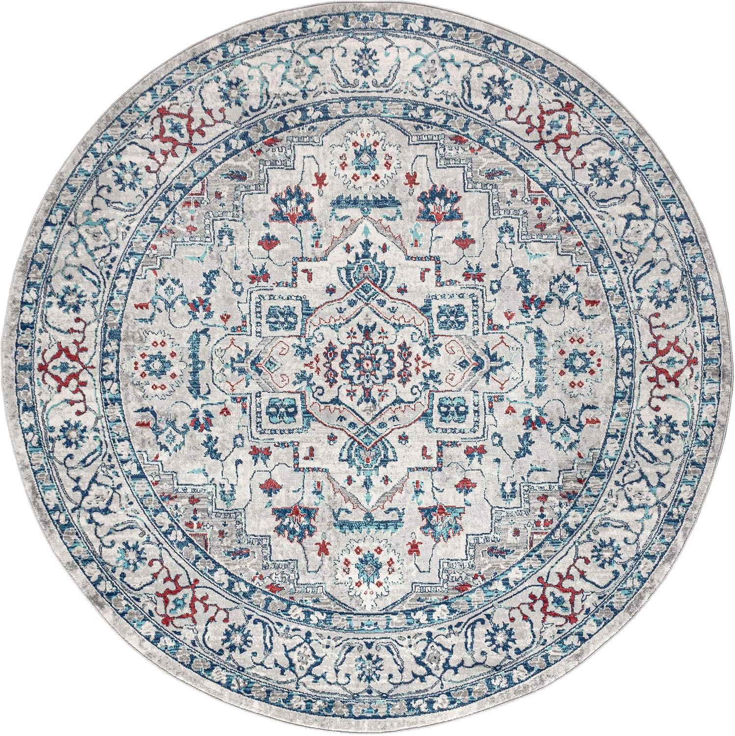 Modern Floral Vintage Medallion 5' Round Area Rug in Light Gray/Blue