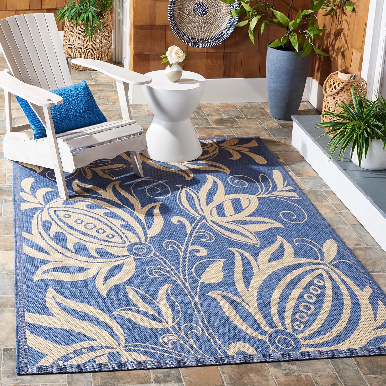 Reversible Easy-Care Blue & Natural Square Synthetic Area Rug