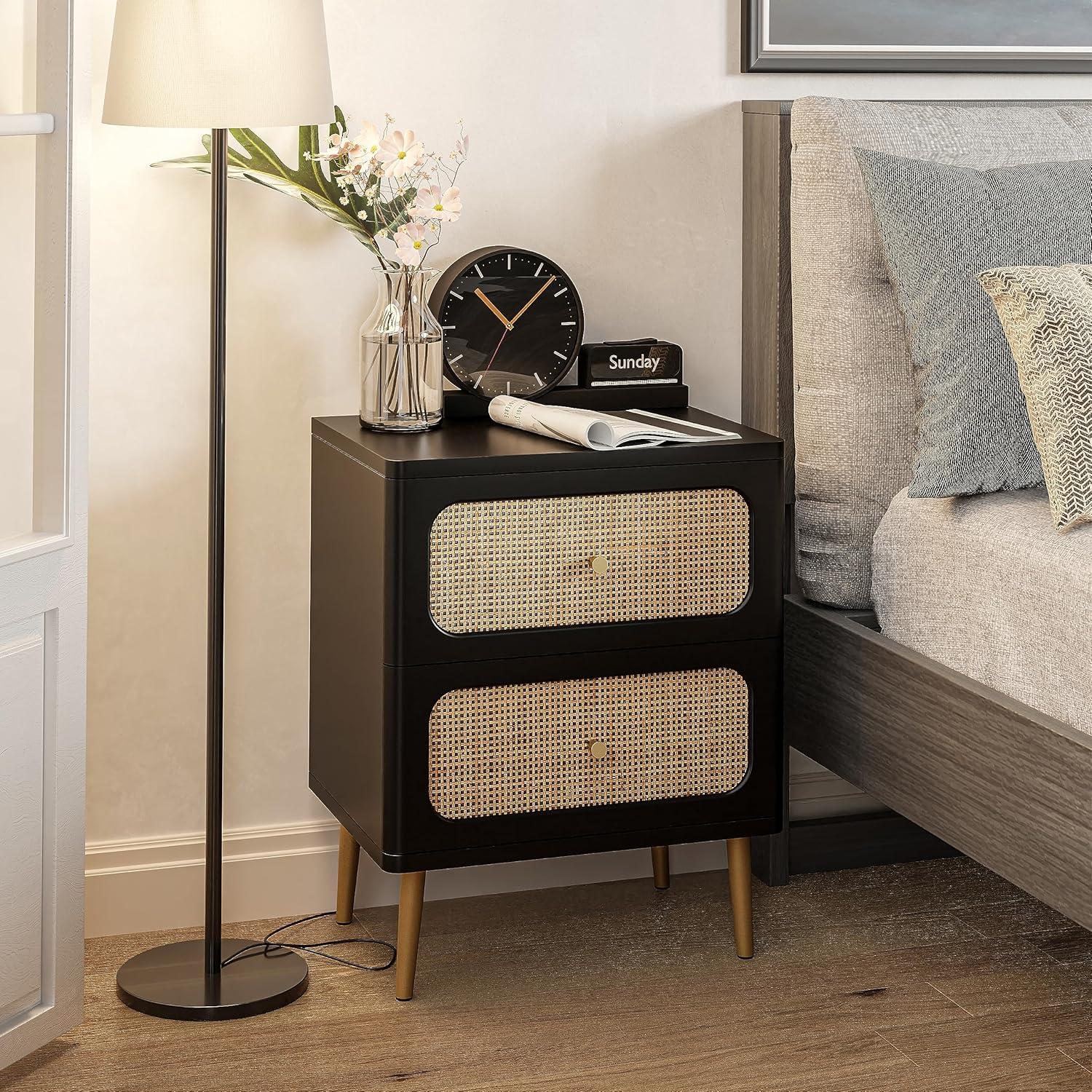 Black Wicker Rattan 2-Drawer Nightstand with Wooden Legs