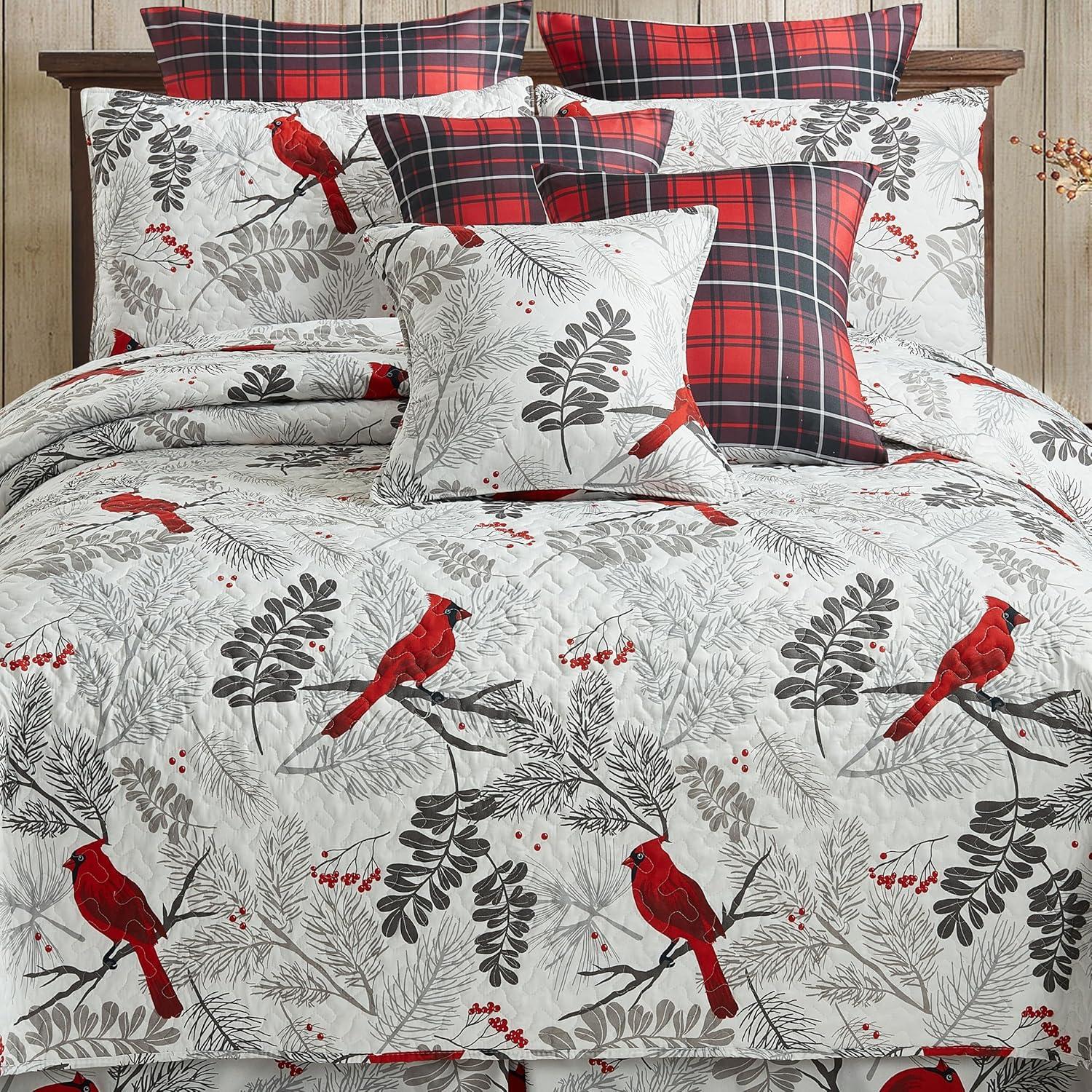 Virah Bella 3 Piece Full/Queen Lodge Quilt Bedding Set - Rustic Country Reversible Comforter Set with Decorative Pillow Shams - Cardinals