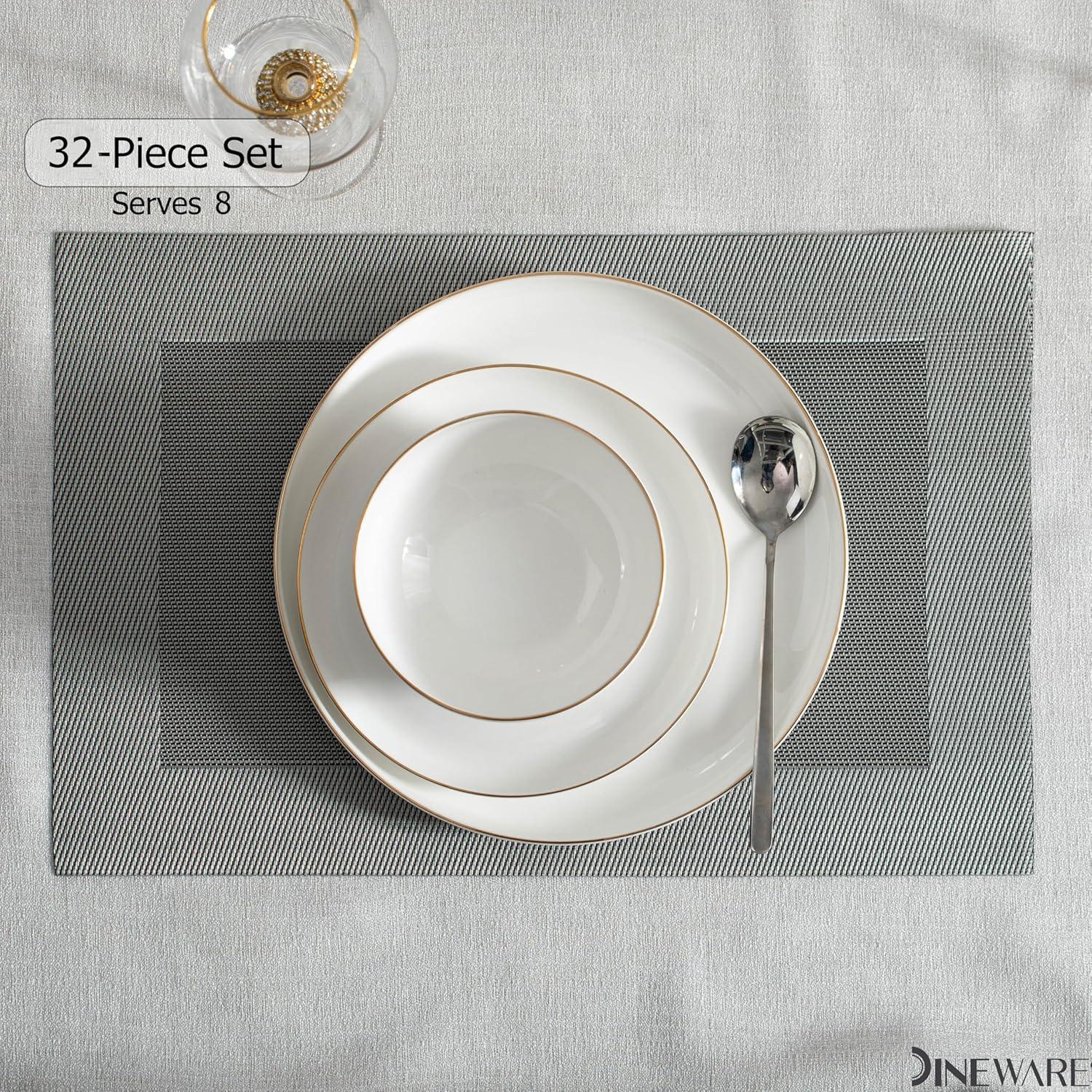 Dinewares White with Gold Rim Bone China Dinnerware Set - Service for 8, Includes Dinner Plates, Salad Plates, and Cereal or Soup Bowls