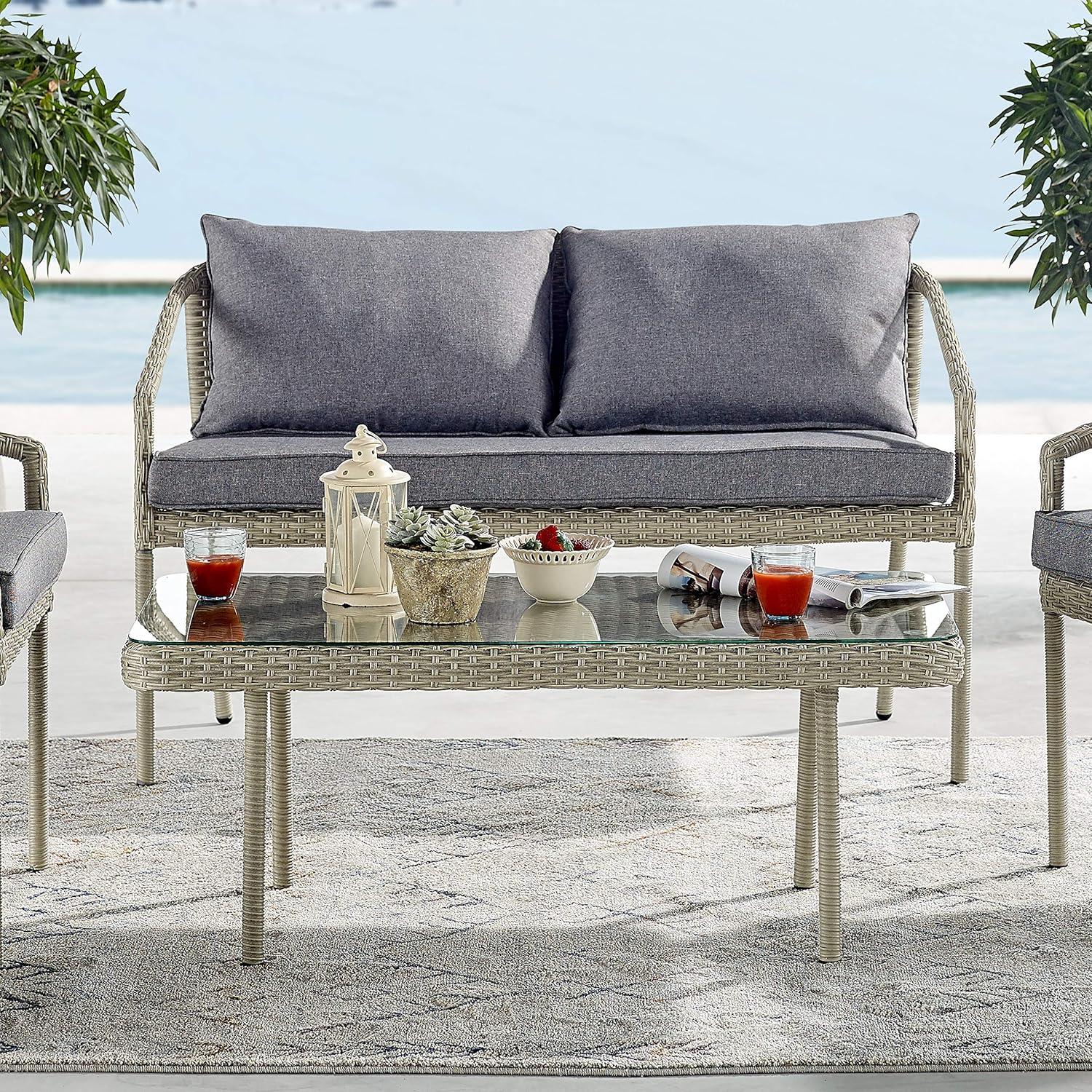 Windham All-Weather Wicker Two-Seat Outdoor Light Gray Bench with Dark Gray Cushions