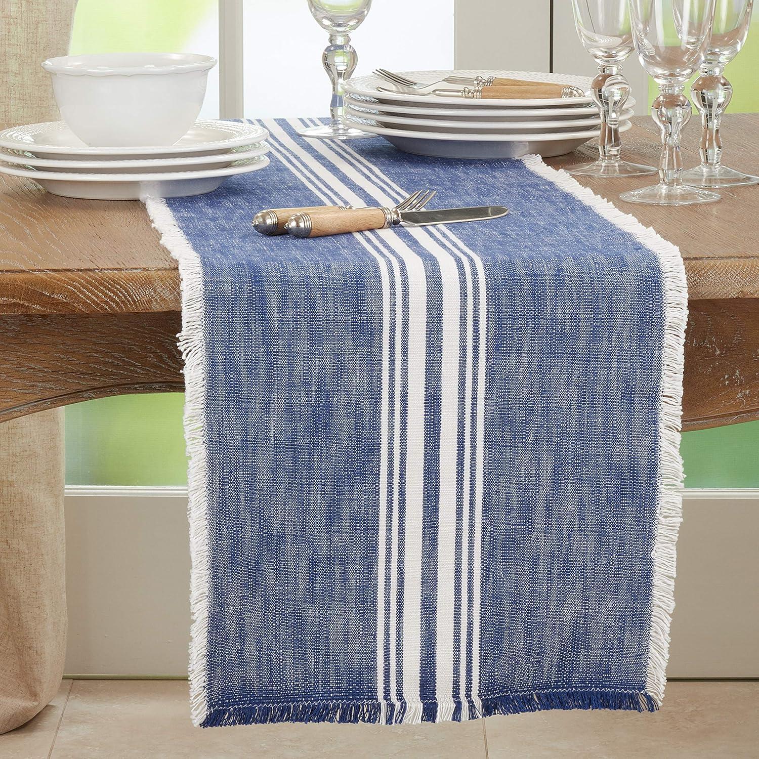 Blue and White Cotton Striped Fringe Table Runner