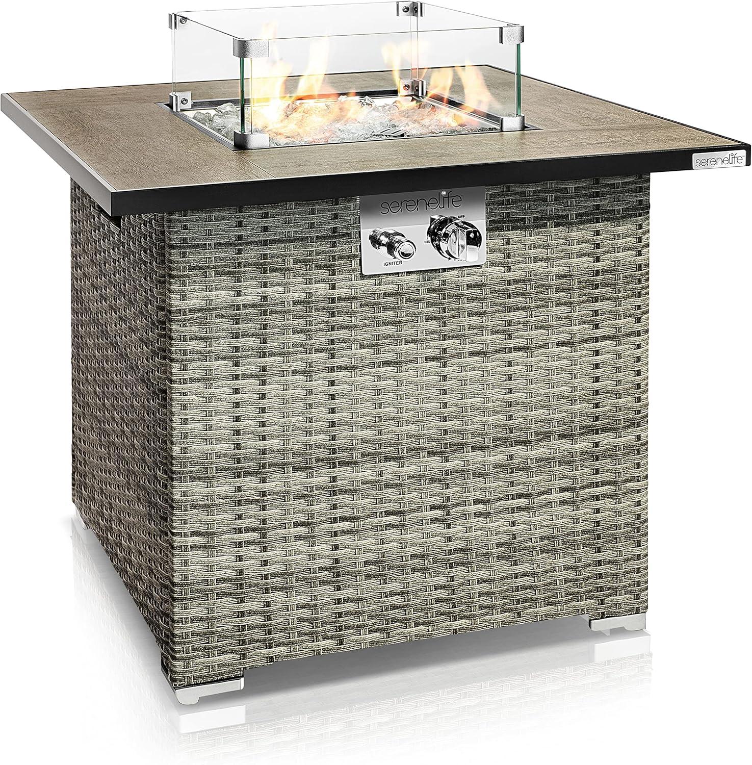 Outdoor Propane Fire Pit Table, Weatherproof Square Wicker Propane Gas Fire Table w/Tile Tabletop