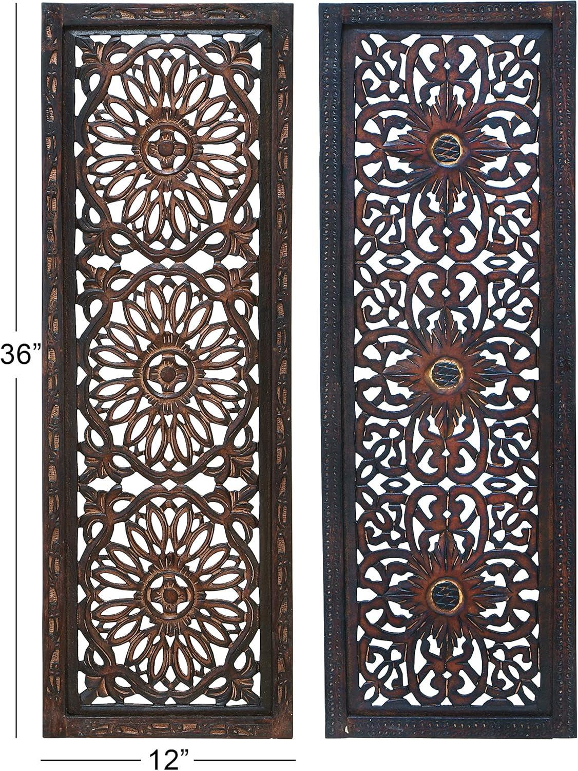 DecMode Brown Wood Handmade Intricately Carved Floral Wall Decor (2 Count)