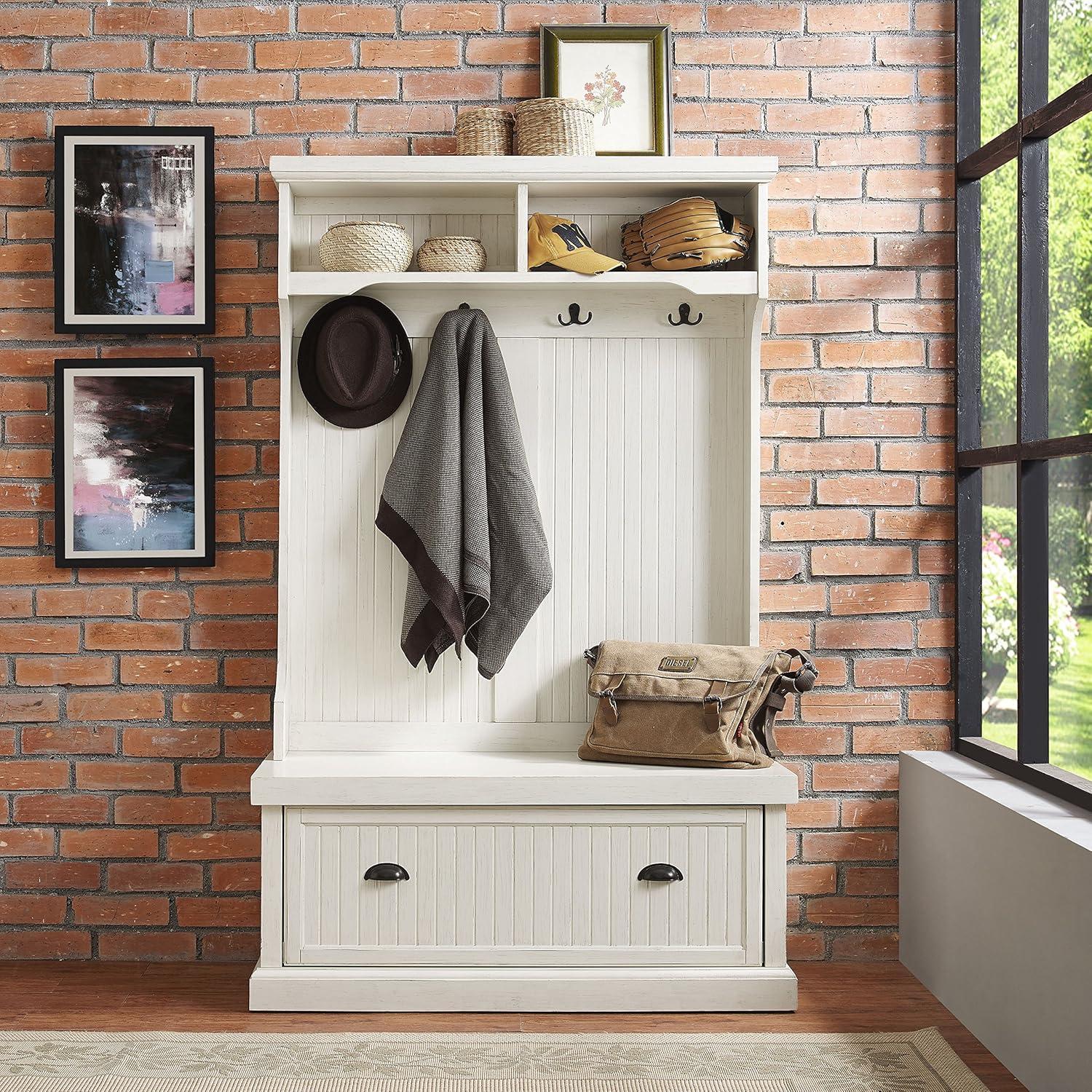 Seaside Solid Hardwood & Veneer Hall Tree in Distressed White