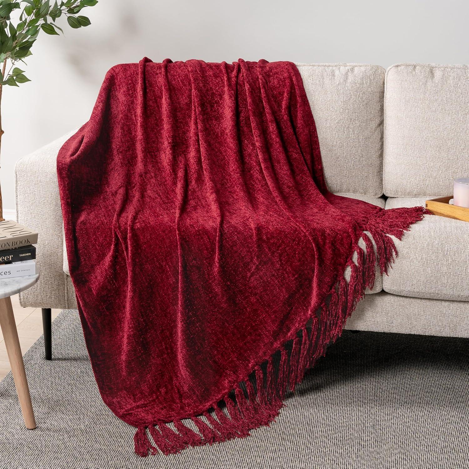 PAVILIA Chenille Throw Blanket with Woven Knitted Tassel Fringe for Couch, Living Room Decor and Bed