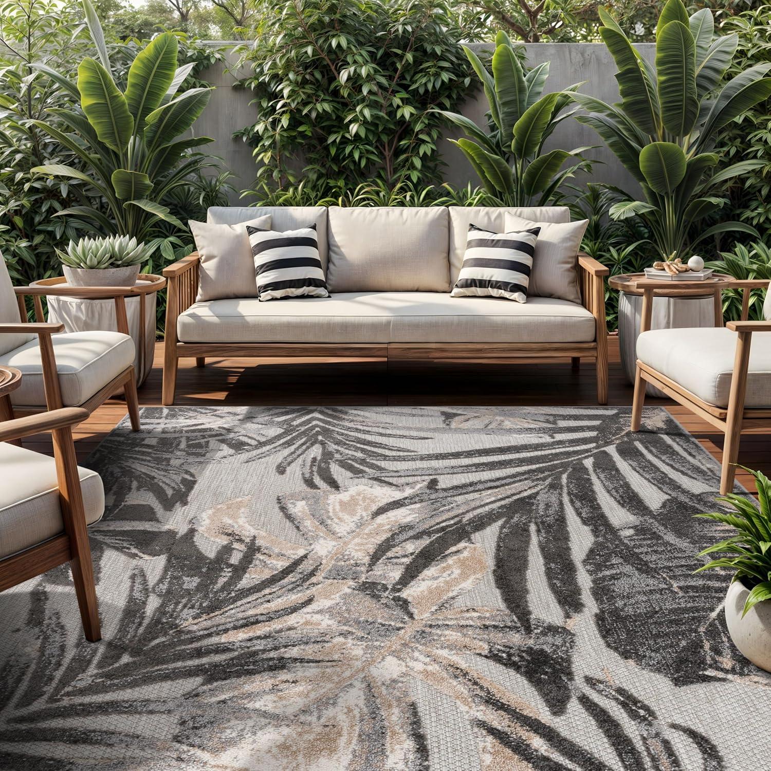 World Rug Gallery Floral Leaves Indoor/Outdoor Area Rug - Gray 7'10" x 10':  Weather-Resistant,  Low Pile,  Patio Rug