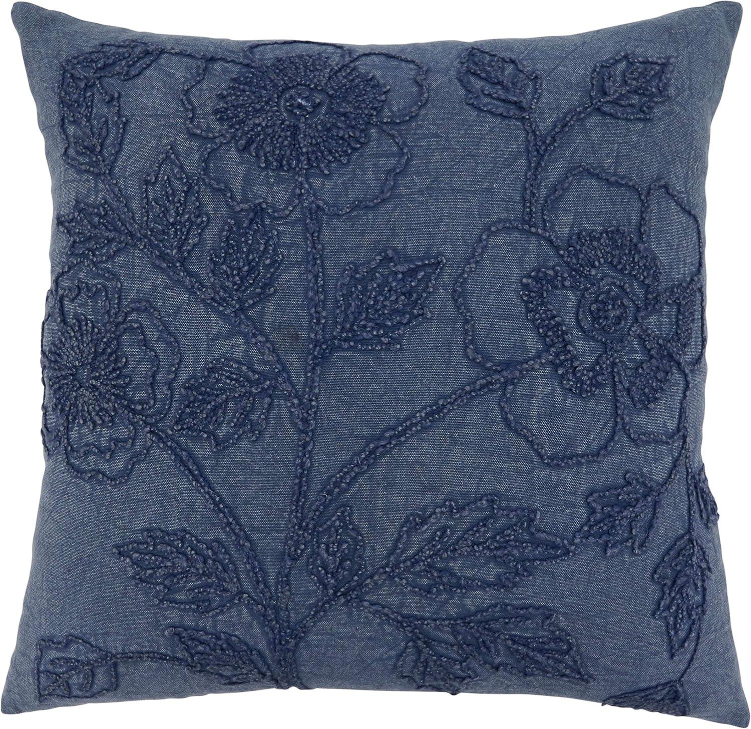 20" Navy Embroidered Floral Cotton Square Throw Pillow