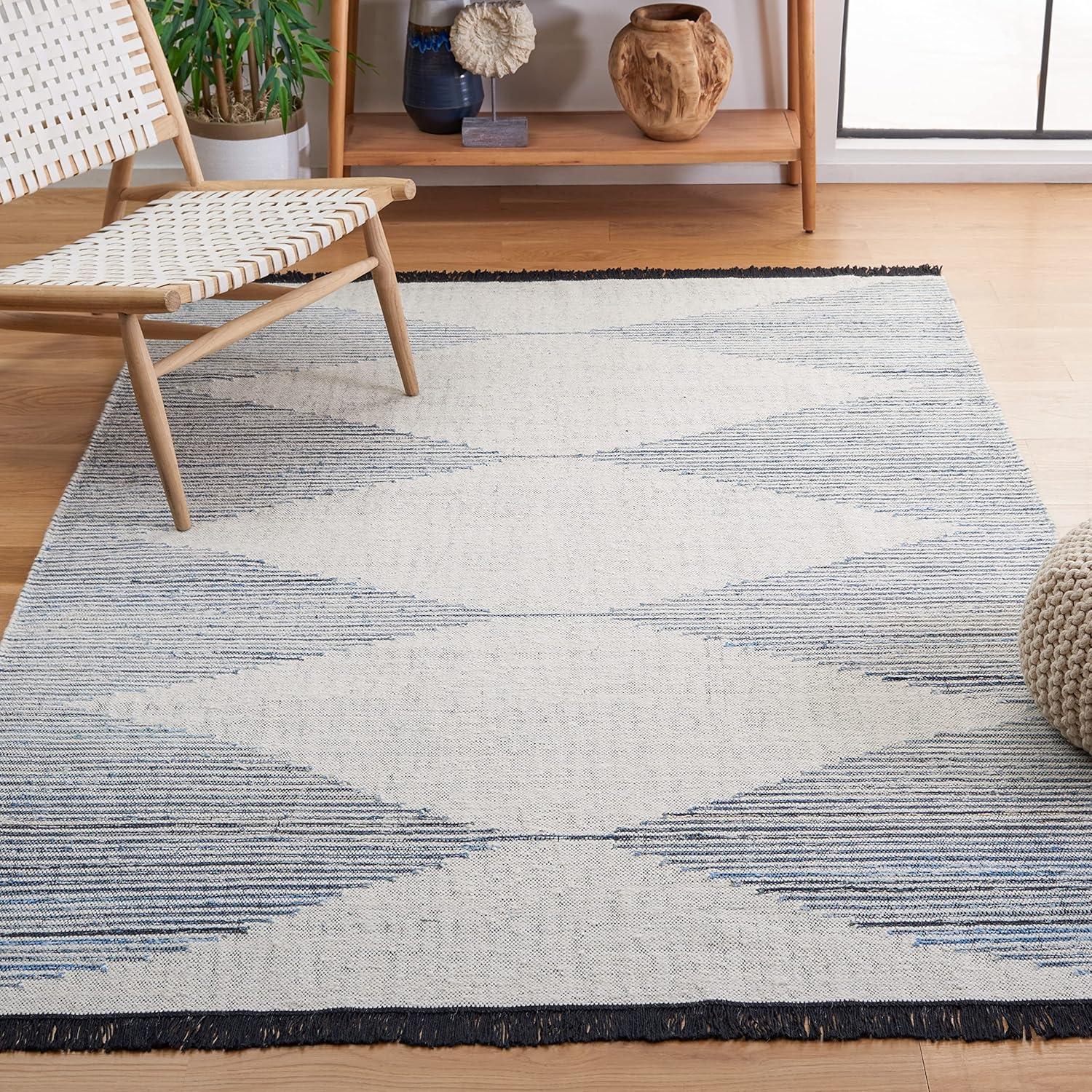 Kilim With Fringes KLM309 Flat Weave Area Rug - Blue/Ivory - 5'x8' - Safavieh