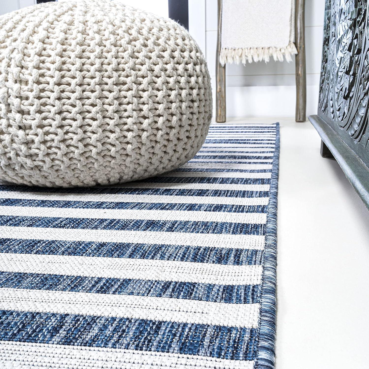 2'x8' Sukie Modern Offset Stripe Indoor/Outdoor Runner Rug, Blue/Ivory - JONATHAN Y