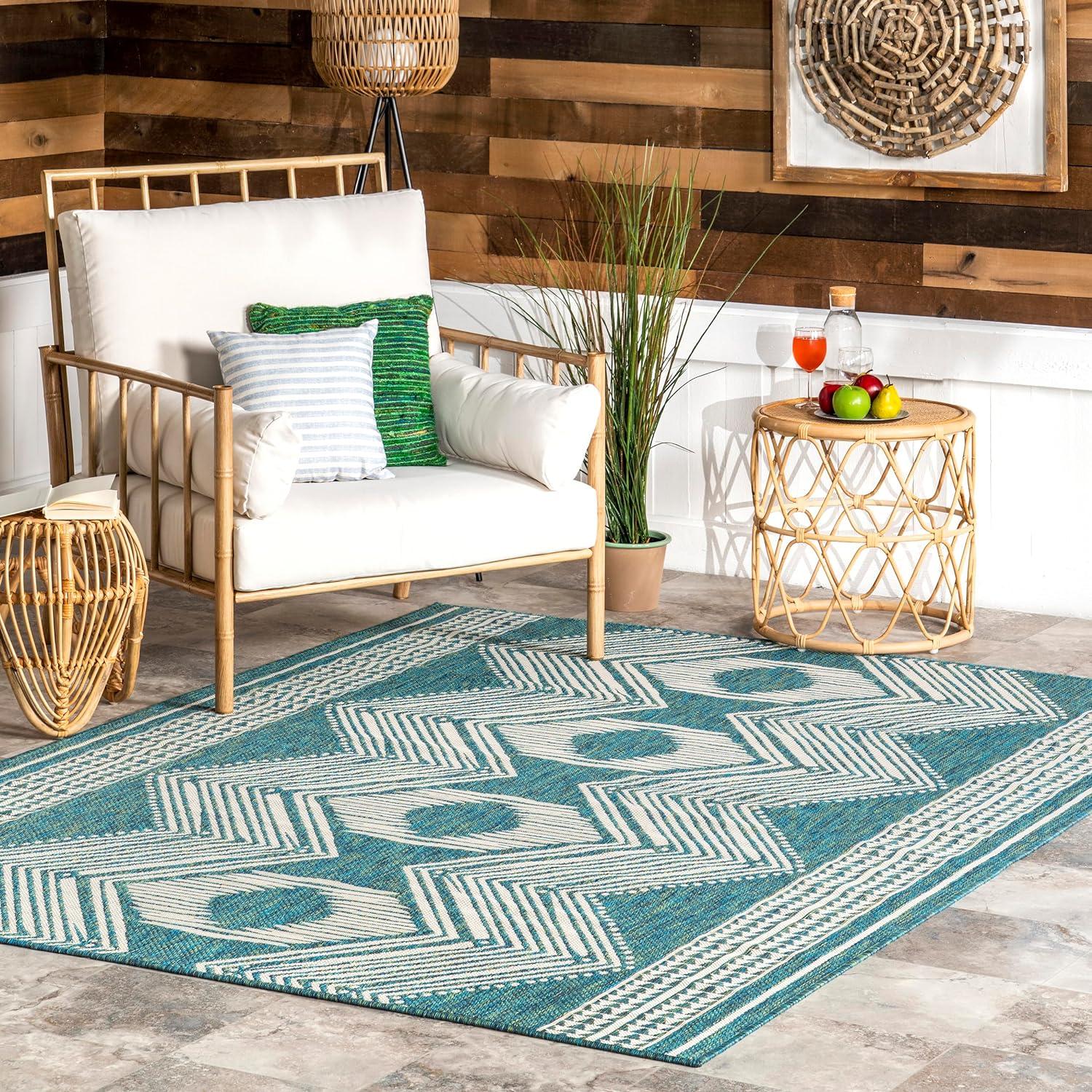 Geometric Light Brown and Green Synthetic Indoor/Outdoor Rug