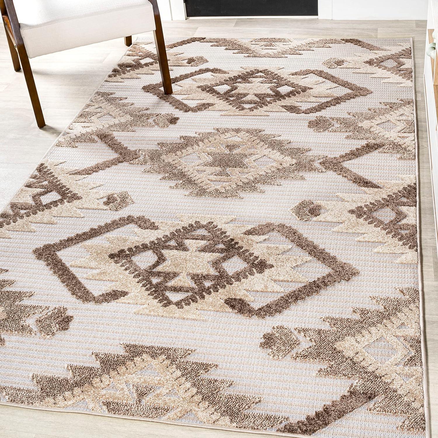 Sumak High-Low Pile Neutral Diamond Kilim Indoor/Outdoor Area Rug - JONATHAN Y