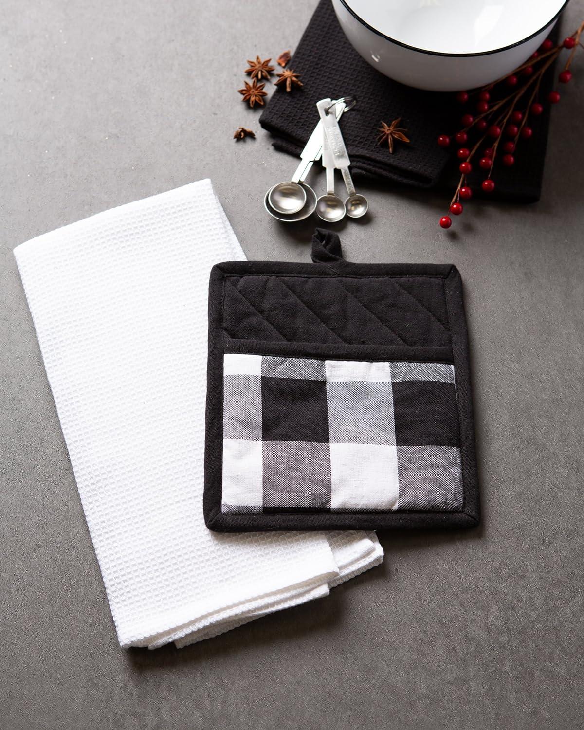 DII Modern Cotton Buffalo Check Potholder and Dishtowel Kitchen Set in Black