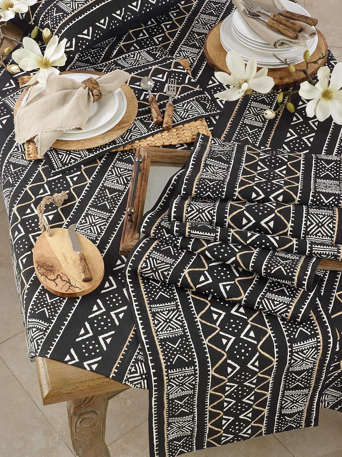 Black and White Cotton Mud Cloth Table Runner, 16" x 108"